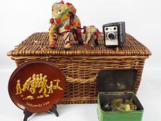 Lot to include a vintage wicker hamper, Burmos Touring Stove contained in original tin,