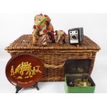 Lot to include a vintage wicker hamper, Burmos Touring Stove contained in original tin,