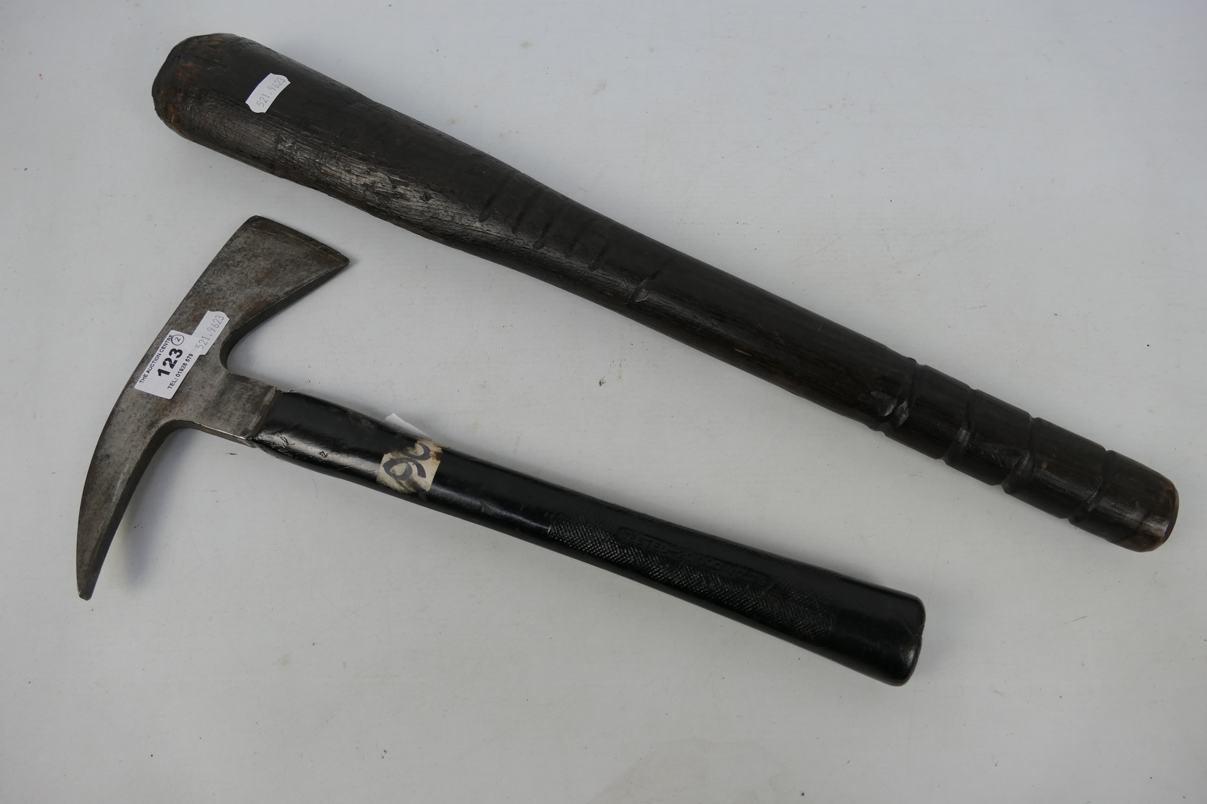 A Chillington Arpax World War Two (WW2 / WWII) Civil Defence Service fire axe and a crude wooden