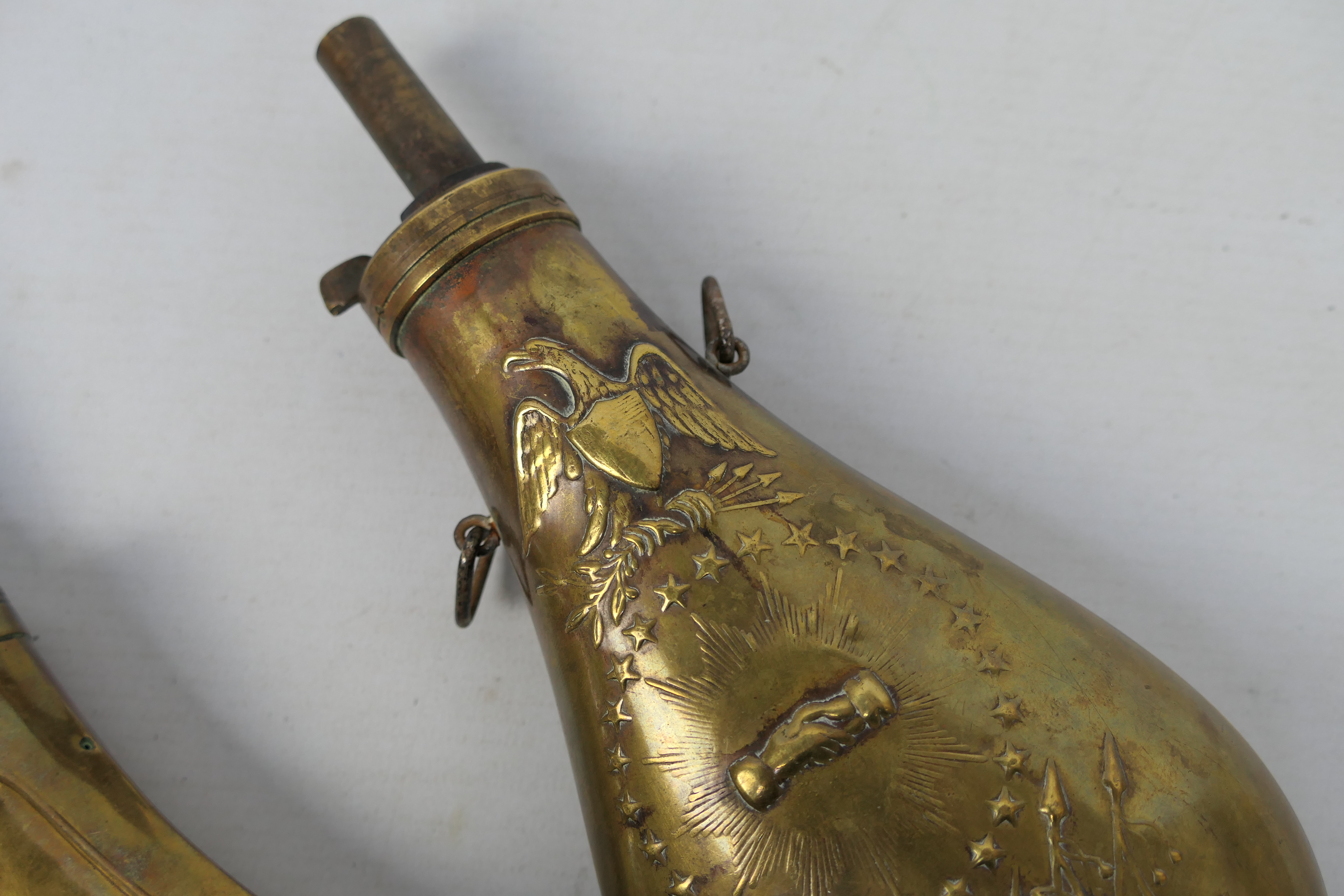 Two brass powder flasks one embossed with hunting scene and a US Model 1855 Peace or Zouave type. - Image 6 of 7