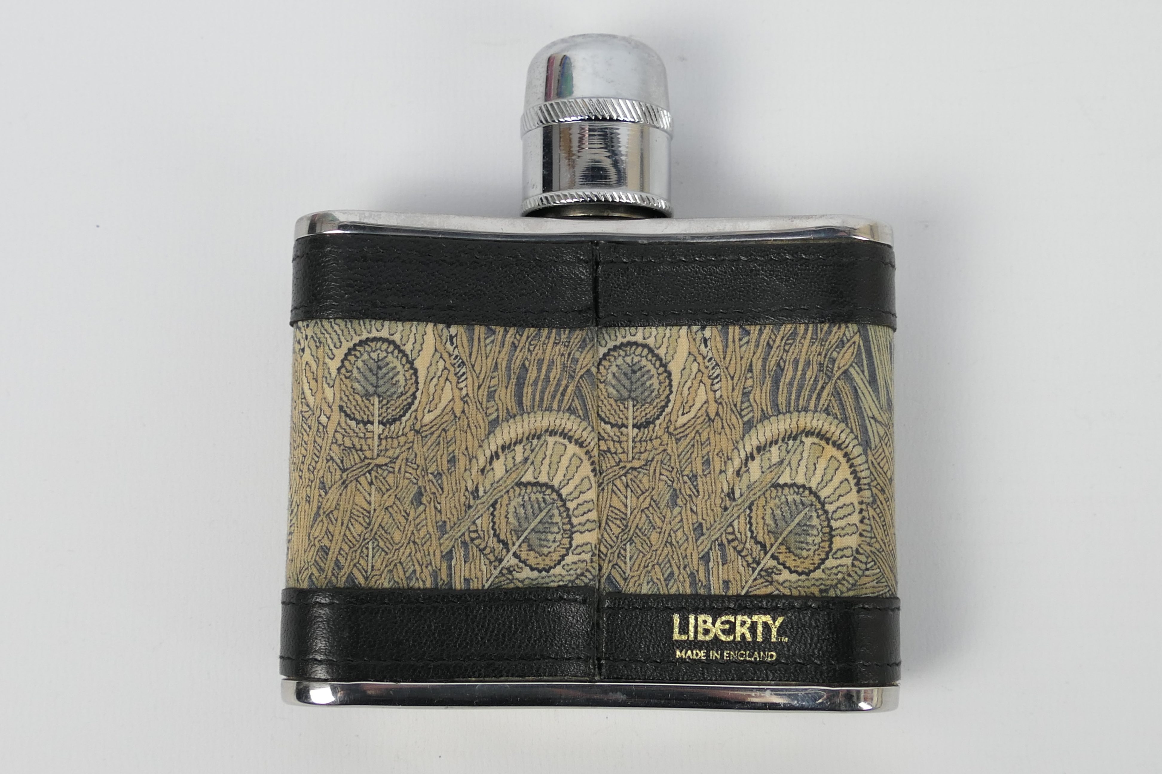 A 4oz stainless steel Liberty hip flask clad in leather bordered Hera fabric. - Image 2 of 4