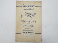 Rugby League Programme, Dewsbury versus Wigan Championship Final 1947 at Maine Road,