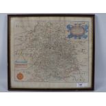 After Christopher Saxton - Engraved map of Shropshire (Salopiae), hand coloured,