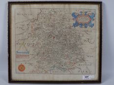 After Christopher Saxton - Engraved map of Shropshire (Salopiae), hand coloured,