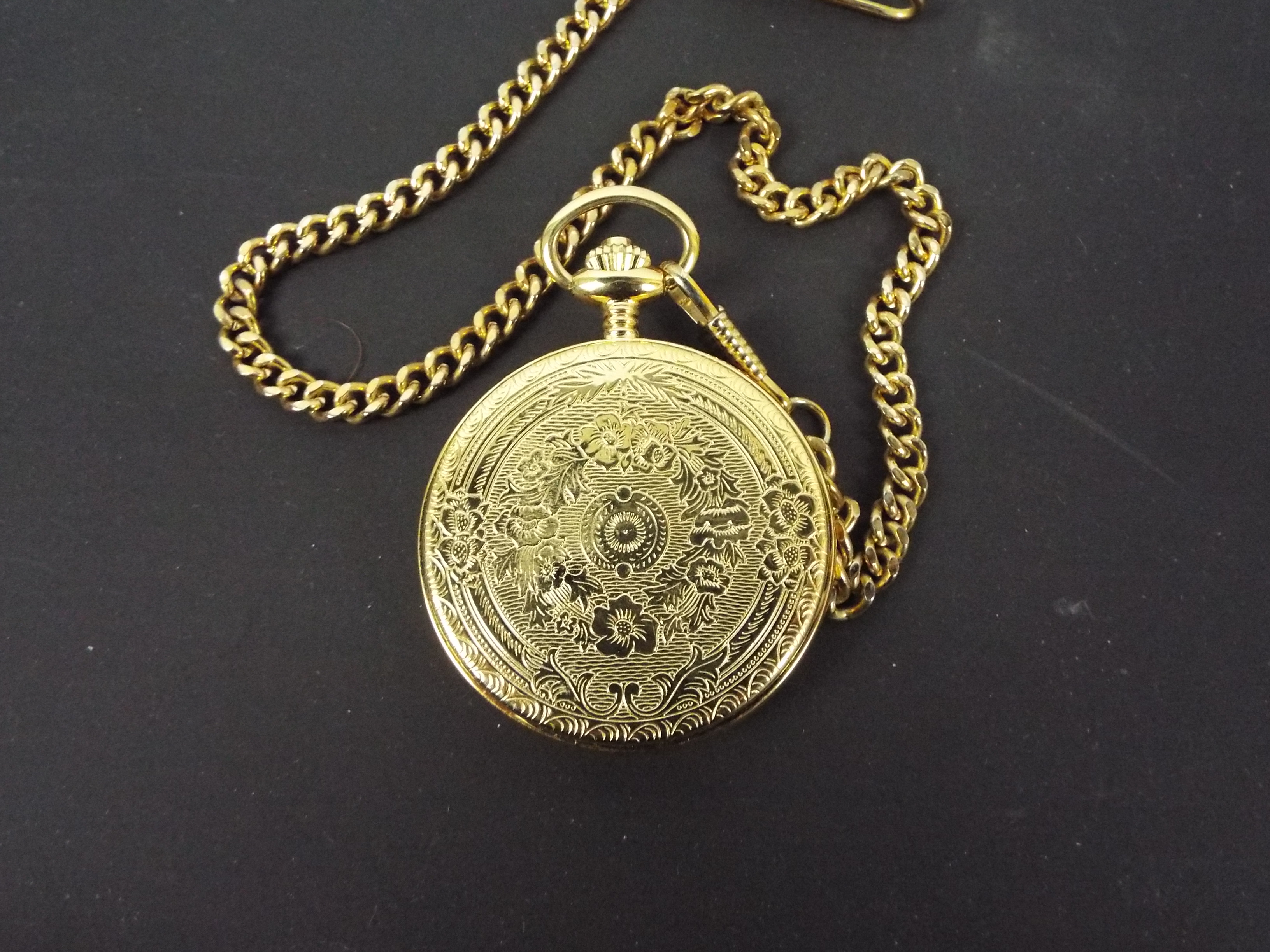 A modern, gold plated, half hunter, keyless wind pocket watch and chain by Rapport, - Image 4 of 5