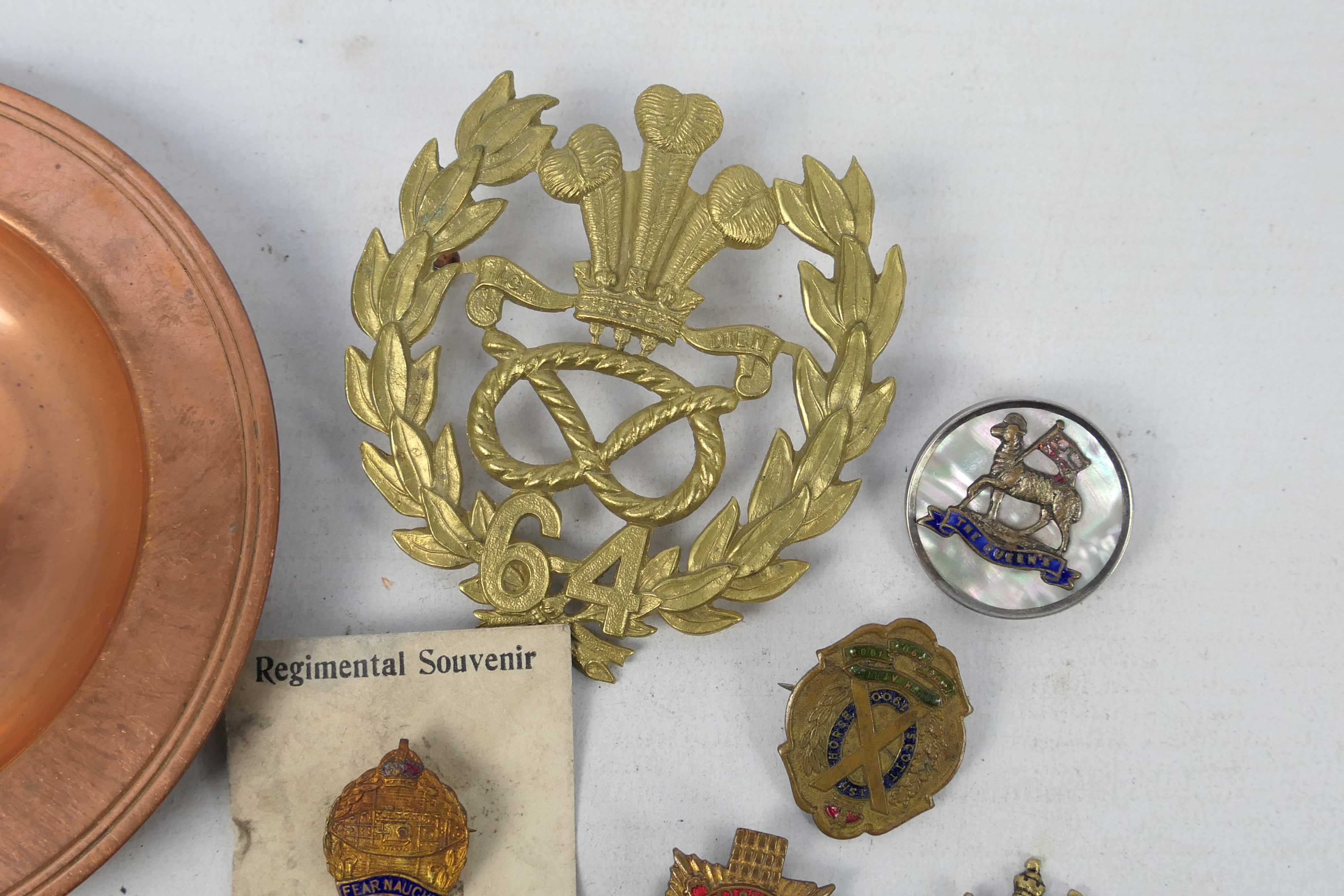 A collection of sweetheart brooches and similar and a copper dish with applied Metropolitan Special - Image 3 of 5