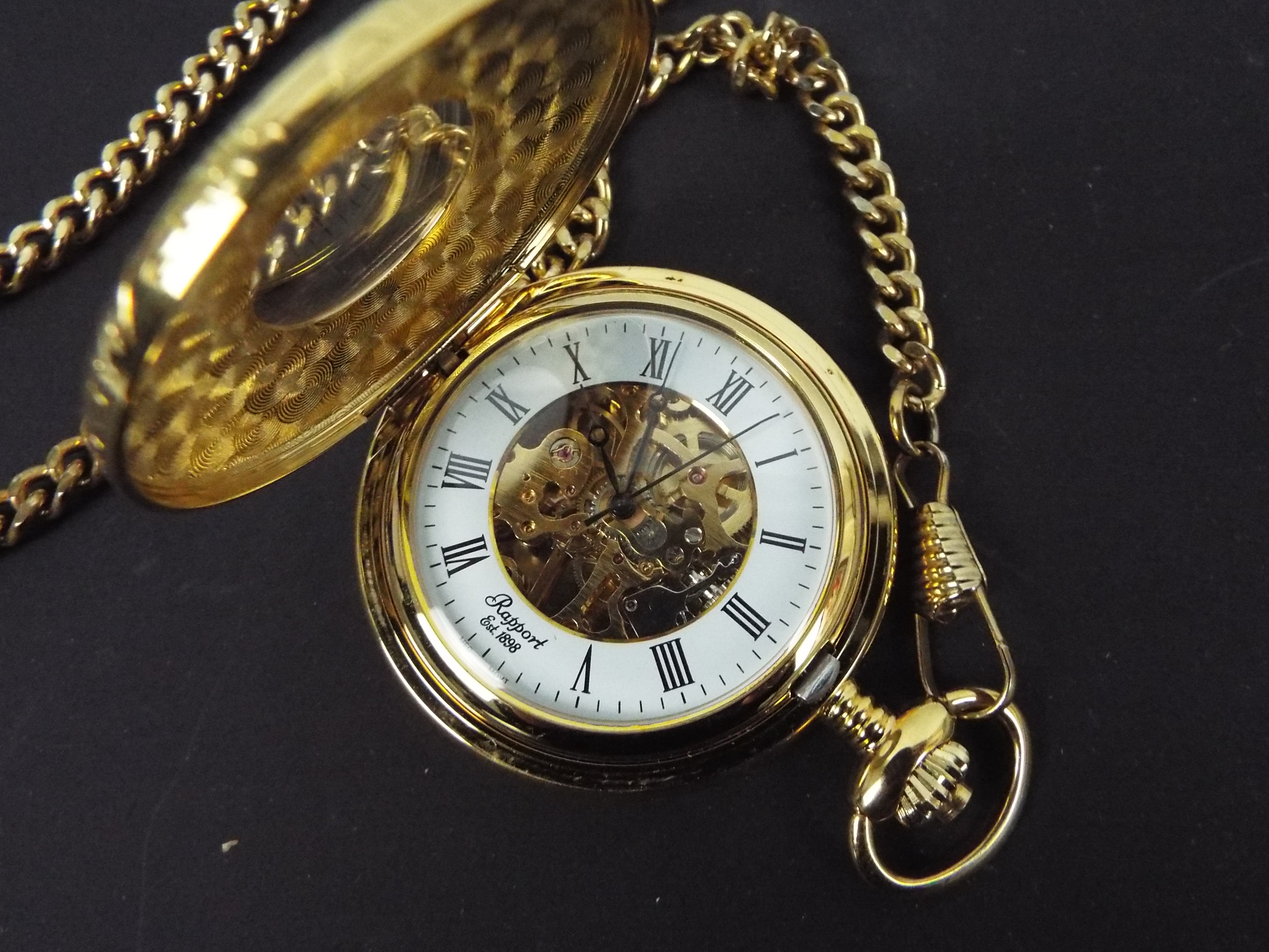 A modern, gold plated, half hunter, keyless wind pocket watch and chain by Rapport, - Image 3 of 5