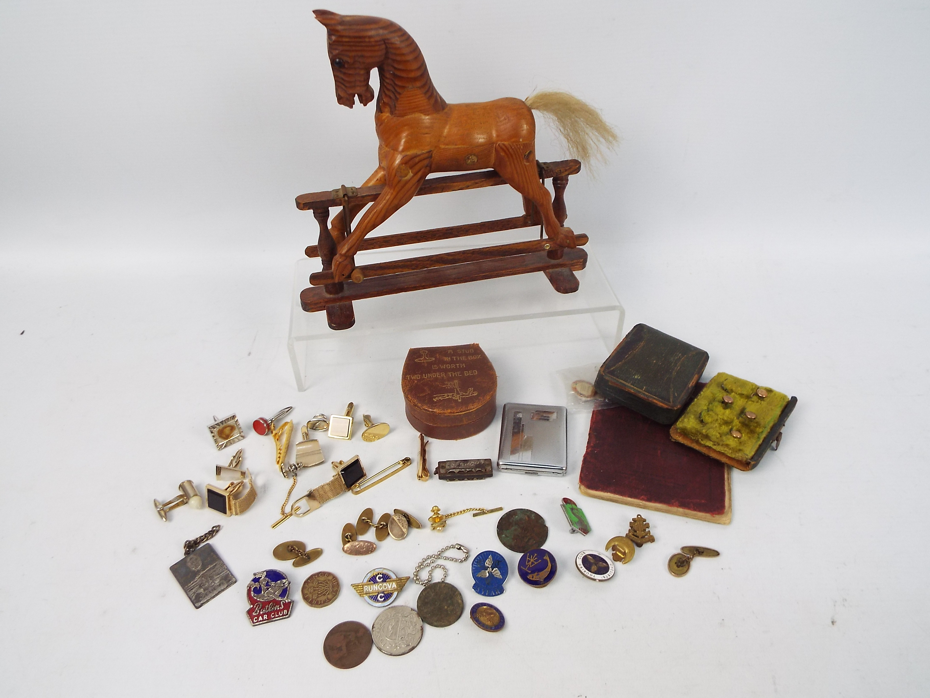 Mixed collectables to include rocking horse model, dress studs, cufflinks, enamel badges,