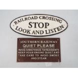 Two cast iron signs comprising oval Railroad Crossing Stop Look And Listen and Southern Railway