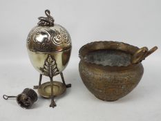 Lot to include an antique silver plated egg warmer, brass planter and other.