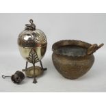 Lot to include an antique silver plated egg warmer, brass planter and other.