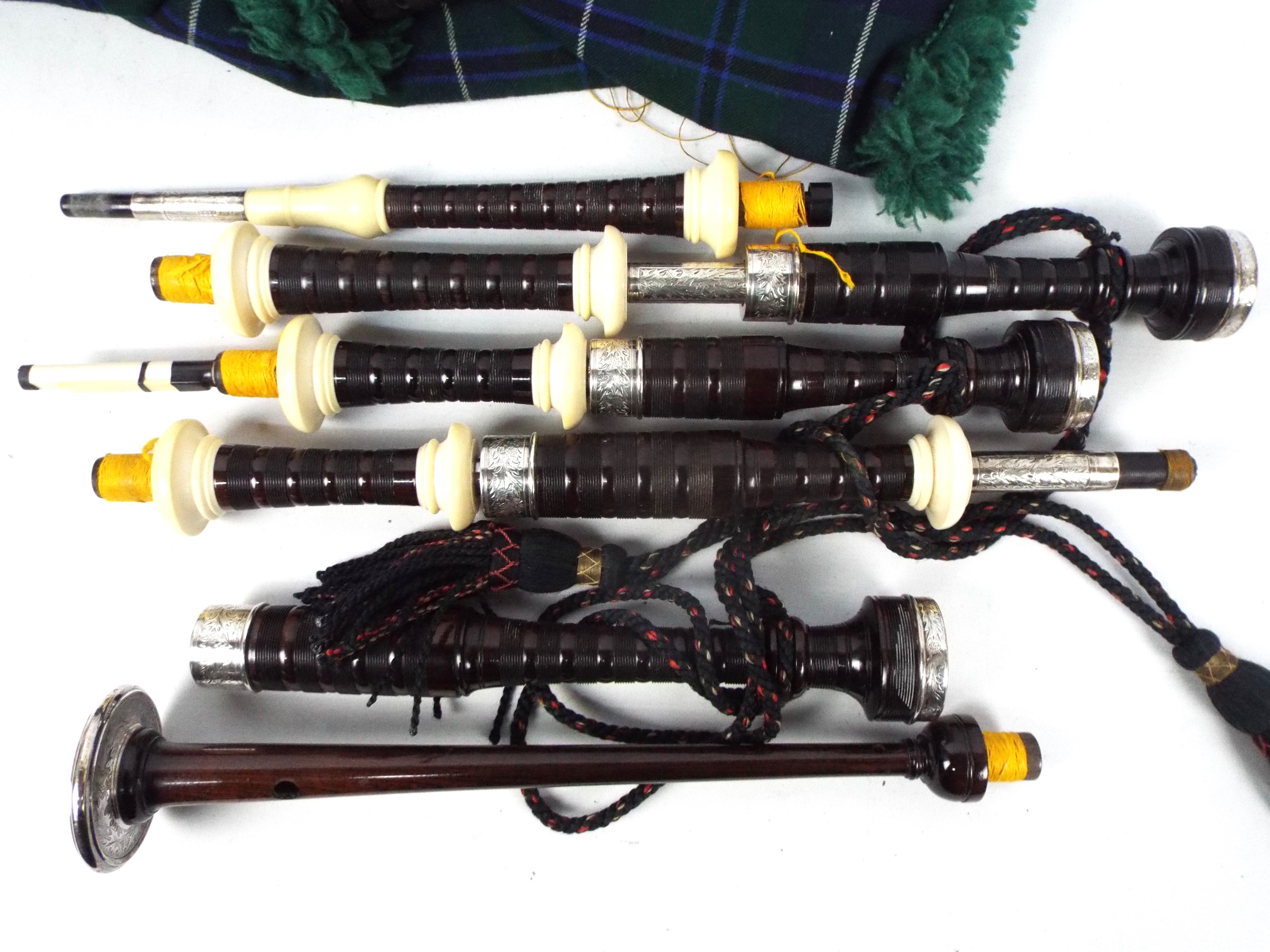 A set of Sinclair bagpipes with ivory and white metal mounts c.1957. - Image 9 of 17