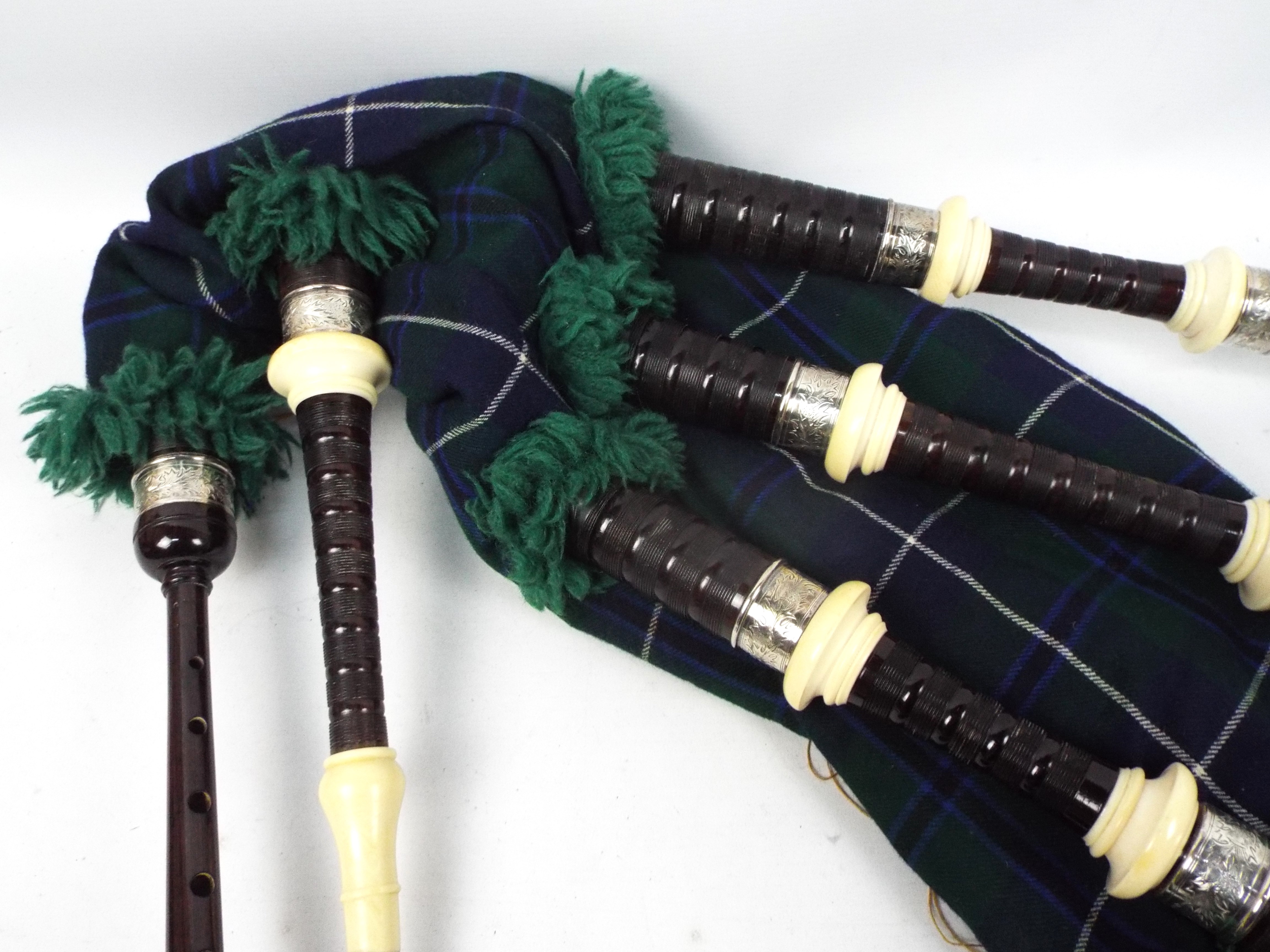 A set of Sinclair bagpipes with ivory and white metal mounts c.1957. - Image 3 of 17