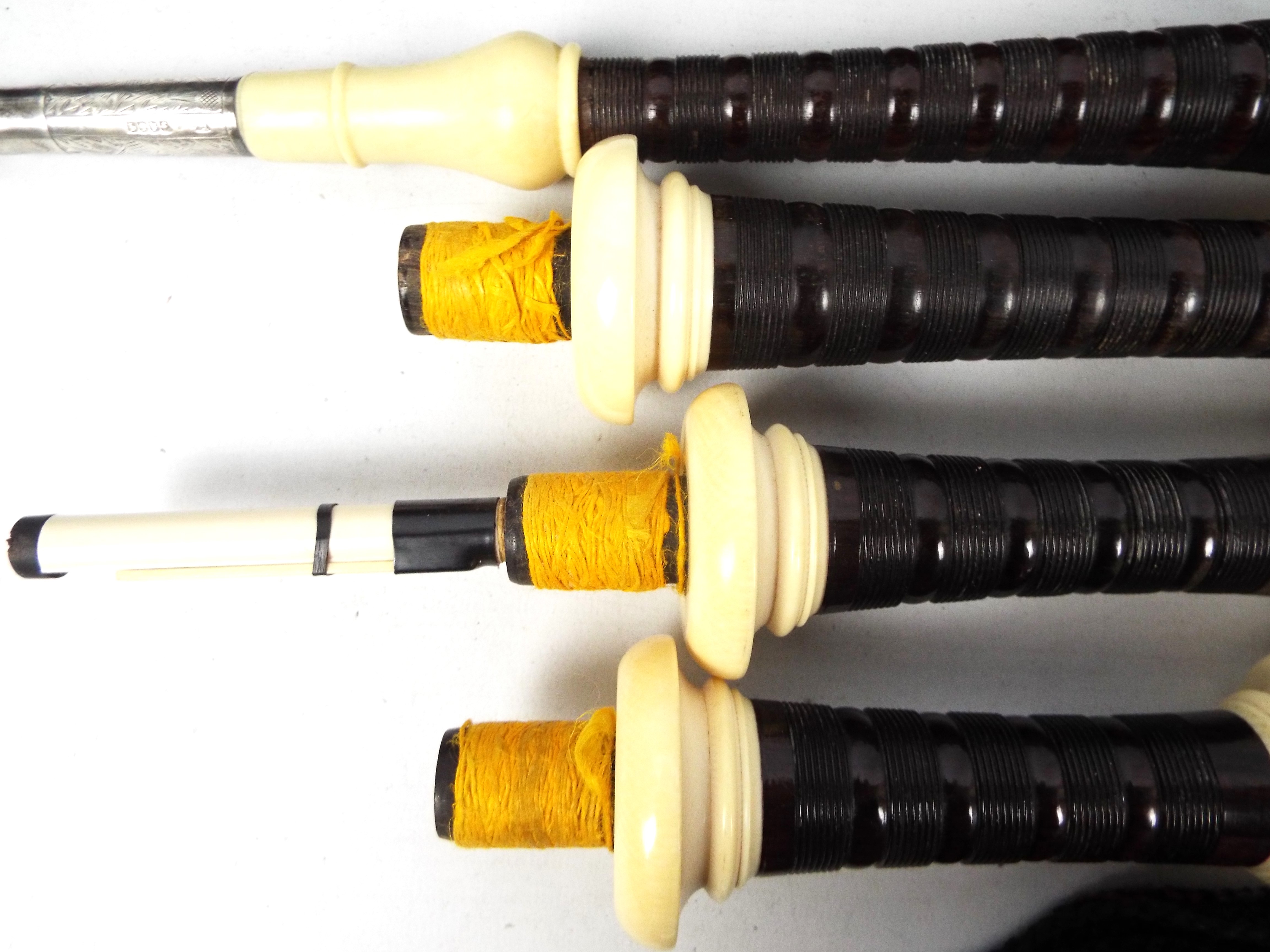 A set of Sinclair bagpipes with ivory and white metal mounts c.1957. - Image 10 of 17