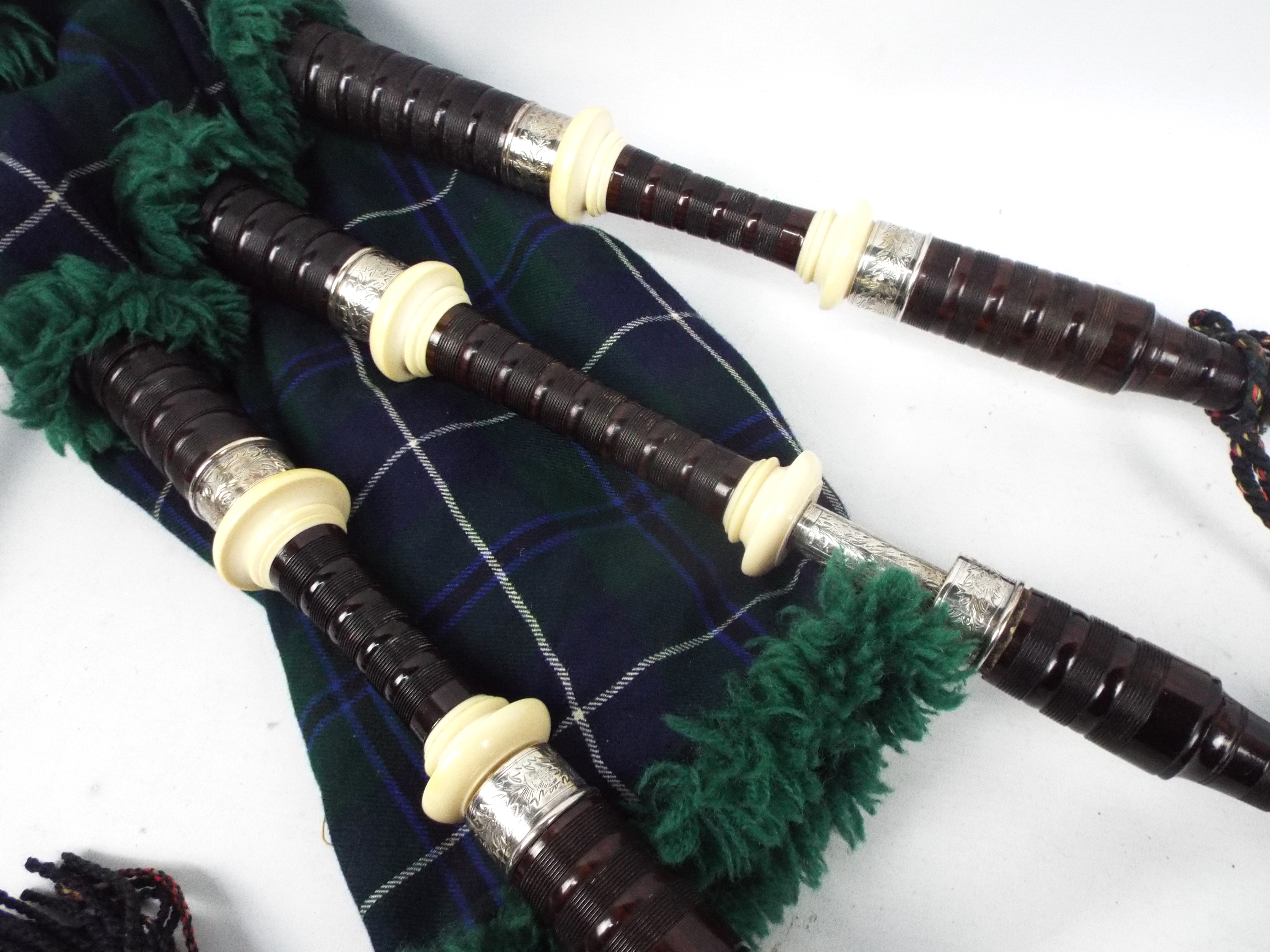 A set of Sinclair bagpipes with ivory and white metal mounts c.1957. - Image 4 of 17