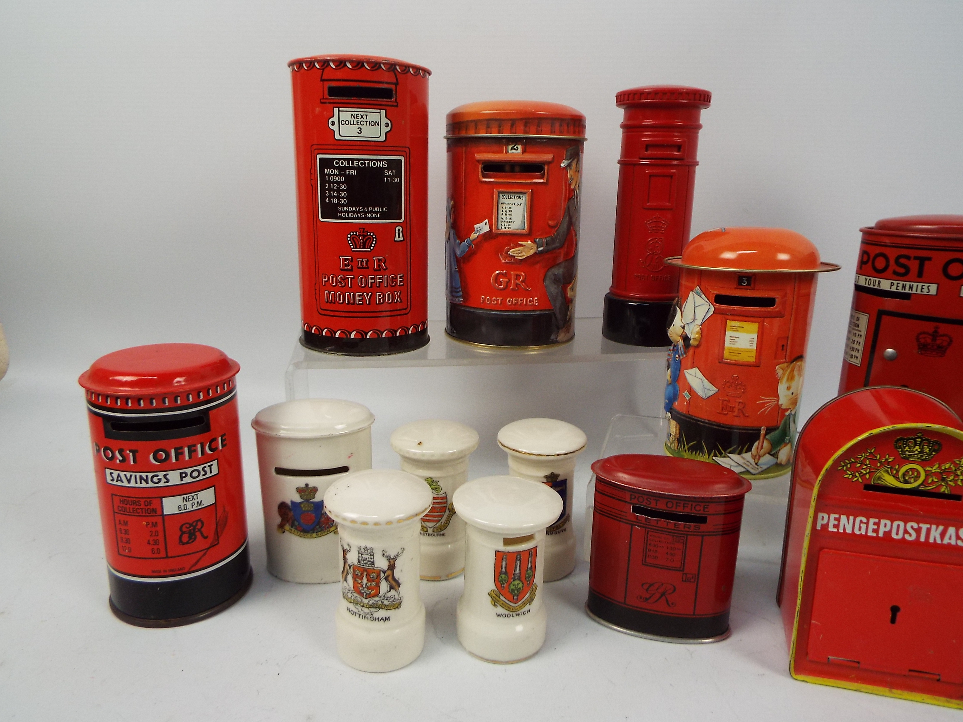 A group of vintage money banks in the form of Post Office pillar boxes comprising crested ware - Image 3 of 3