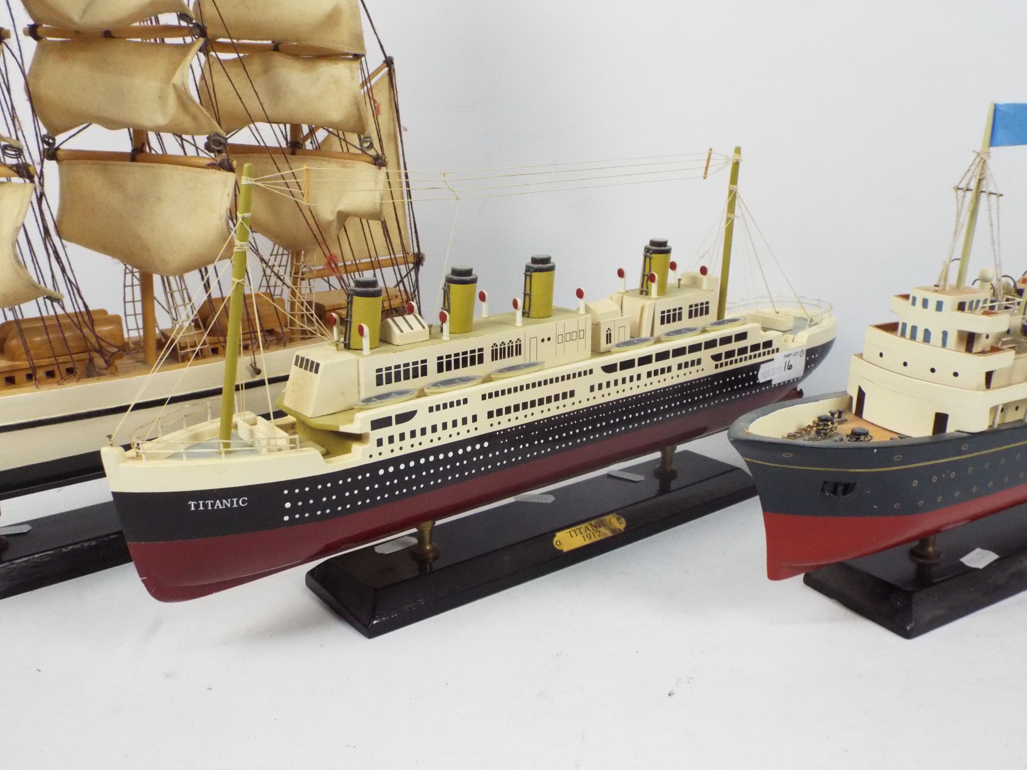 Three model ships raised on plinths to include Titanic, Britannia and other, - Image 2 of 4