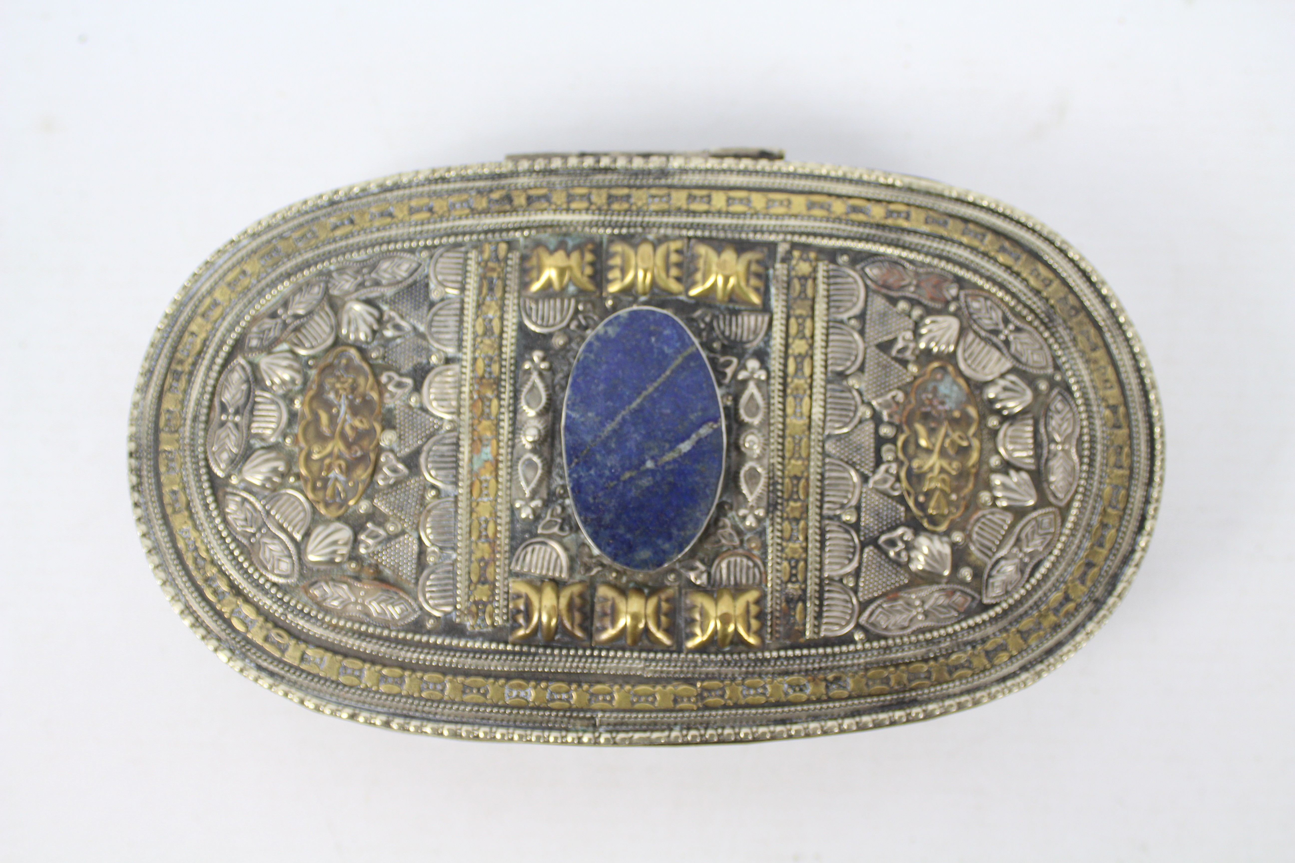 An Asian white and yellow metal trinket or jewellery box of oval section, - Image 2 of 4