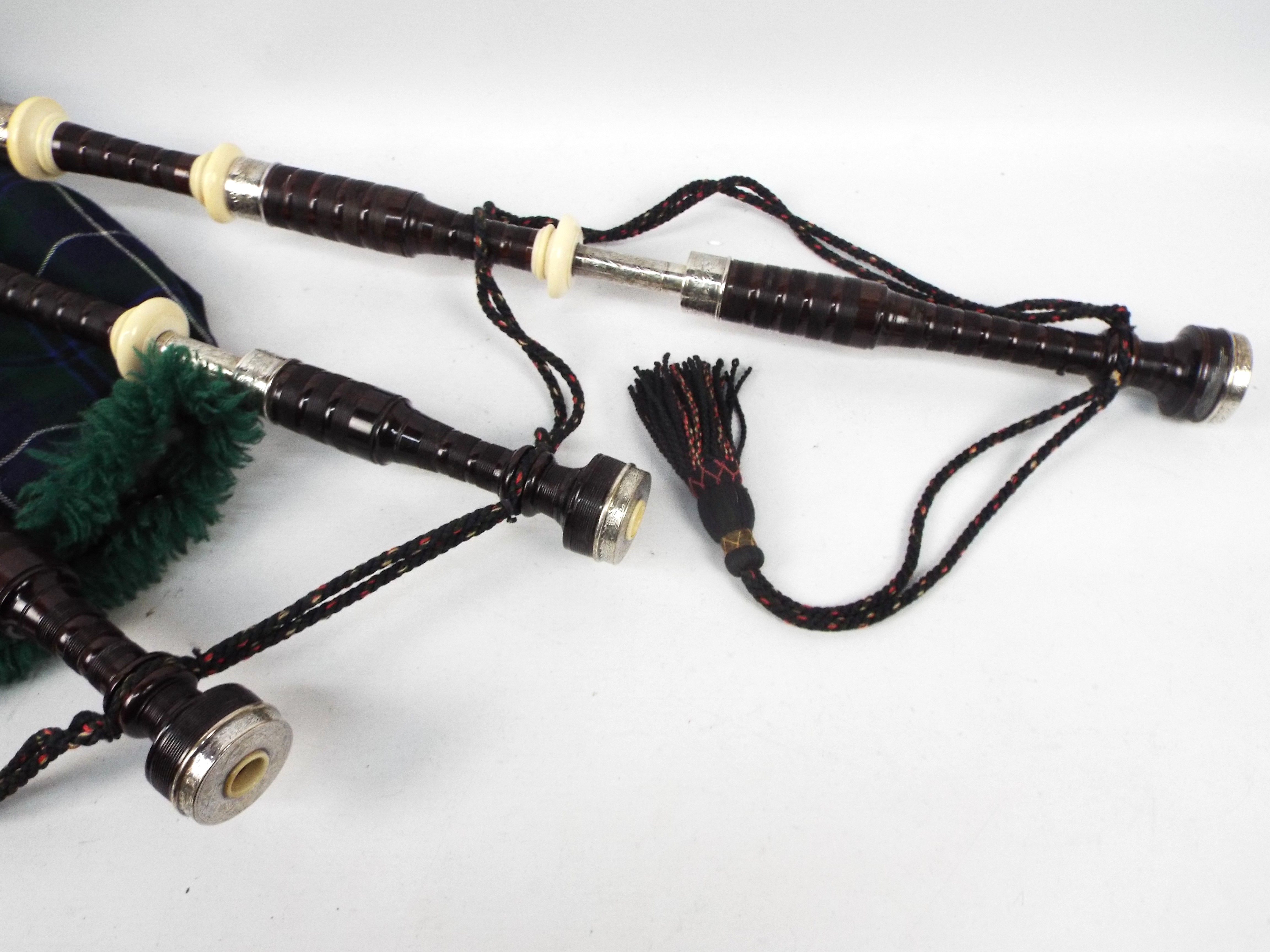 A set of Sinclair bagpipes with ivory and white metal mounts c.1957. - Image 5 of 17