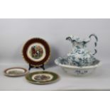 A Ridgways Gainsborough pattern wash bowl and jug together with three cabinet plates,