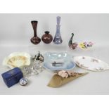 A collection of ceramics and glassware to include a lavender glass scent bottle,