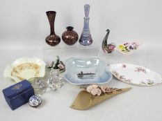 A collection of ceramics and glassware to include a lavender glass scent bottle,