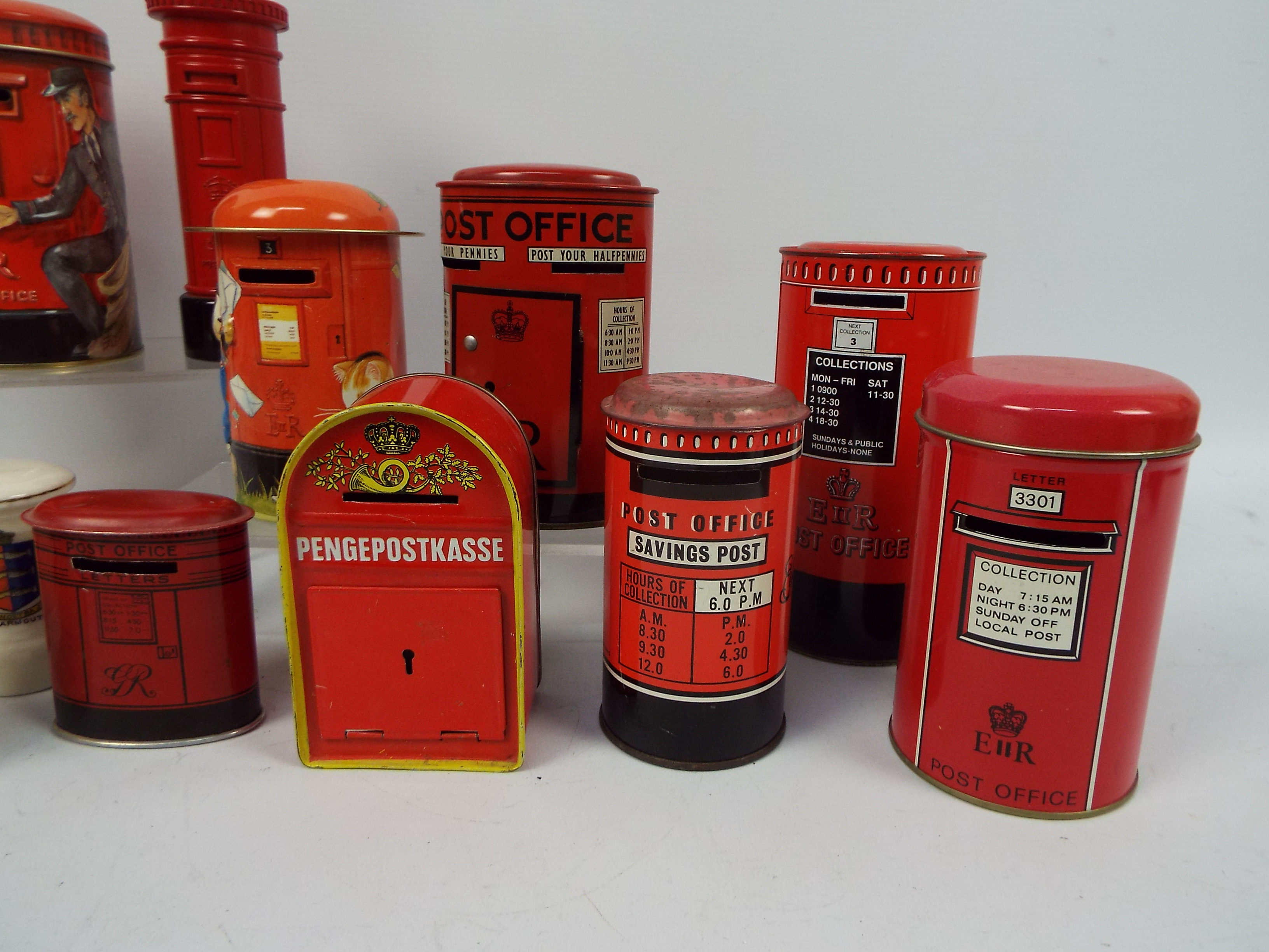 A group of vintage money banks in the form of Post Office pillar boxes comprising crested ware - Image 2 of 3