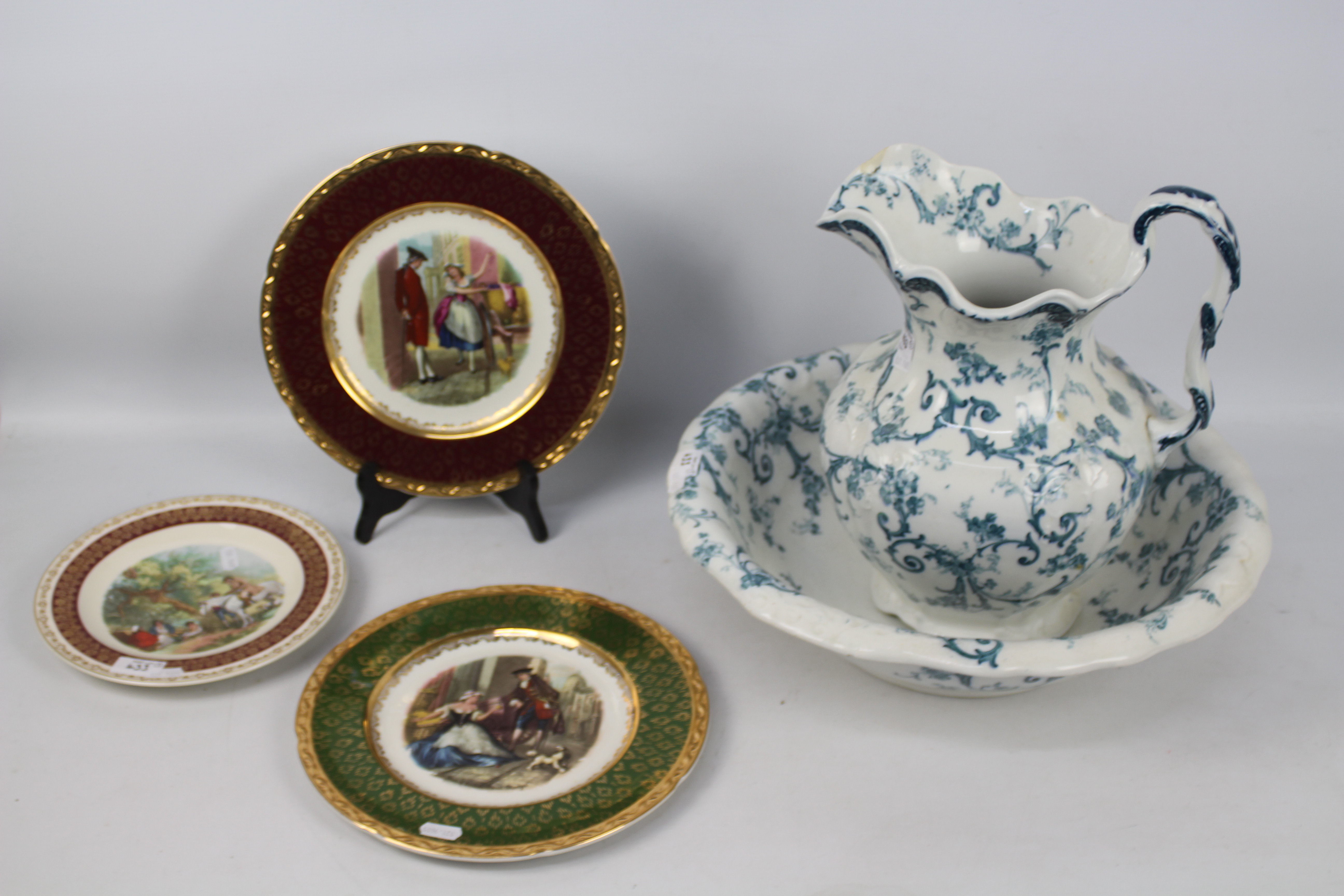 A Ridgways Gainsborough pattern wash bowl and jug together with three cabinet plates, - Image 2 of 13