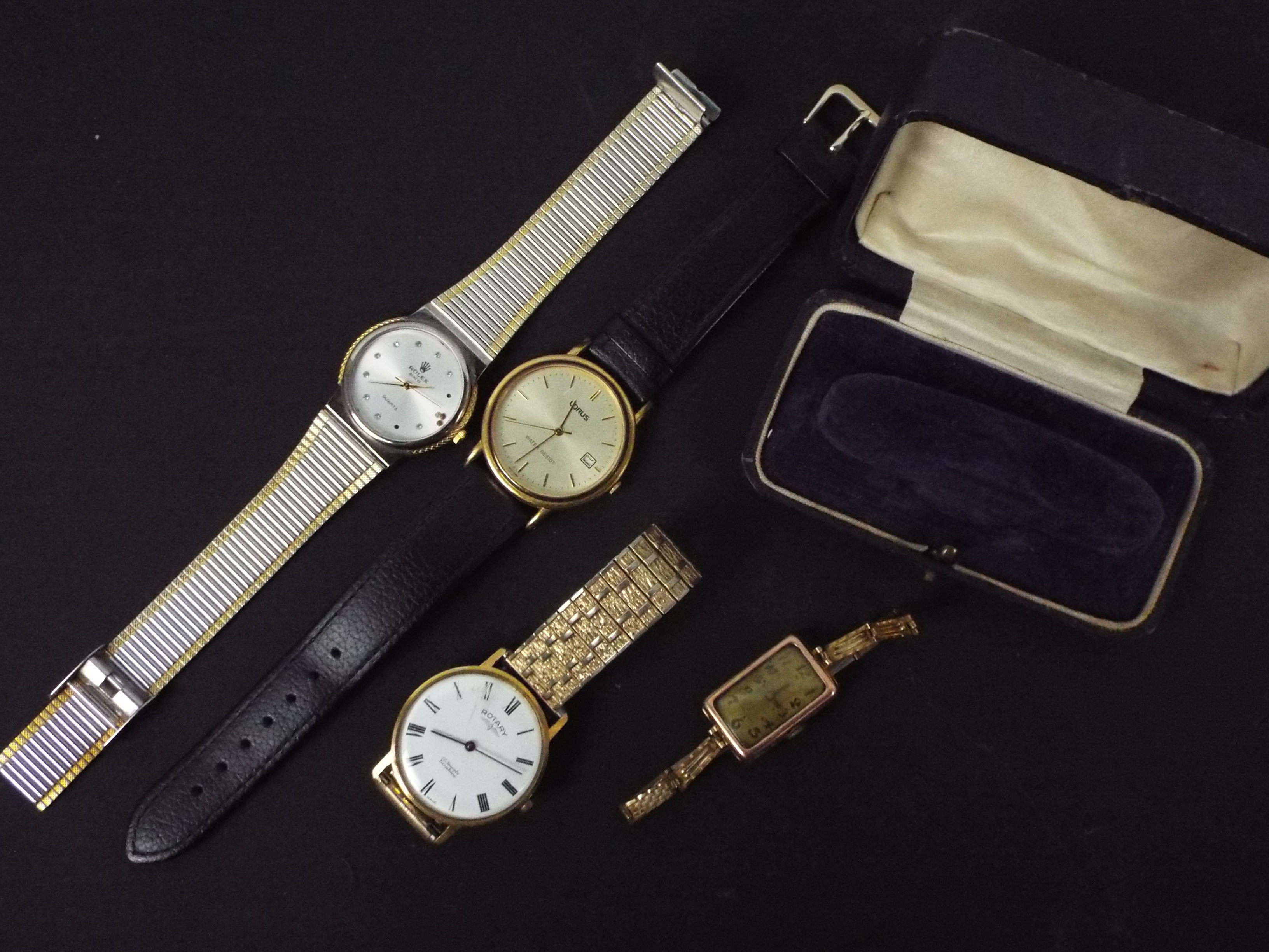 A small collection of wrist watches to include one with 9ct gold fronted case, a Rotary and similar.