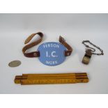Lot to include an LNER Acme Thunderer whistle, an enamel Peson IC Work armband and other.