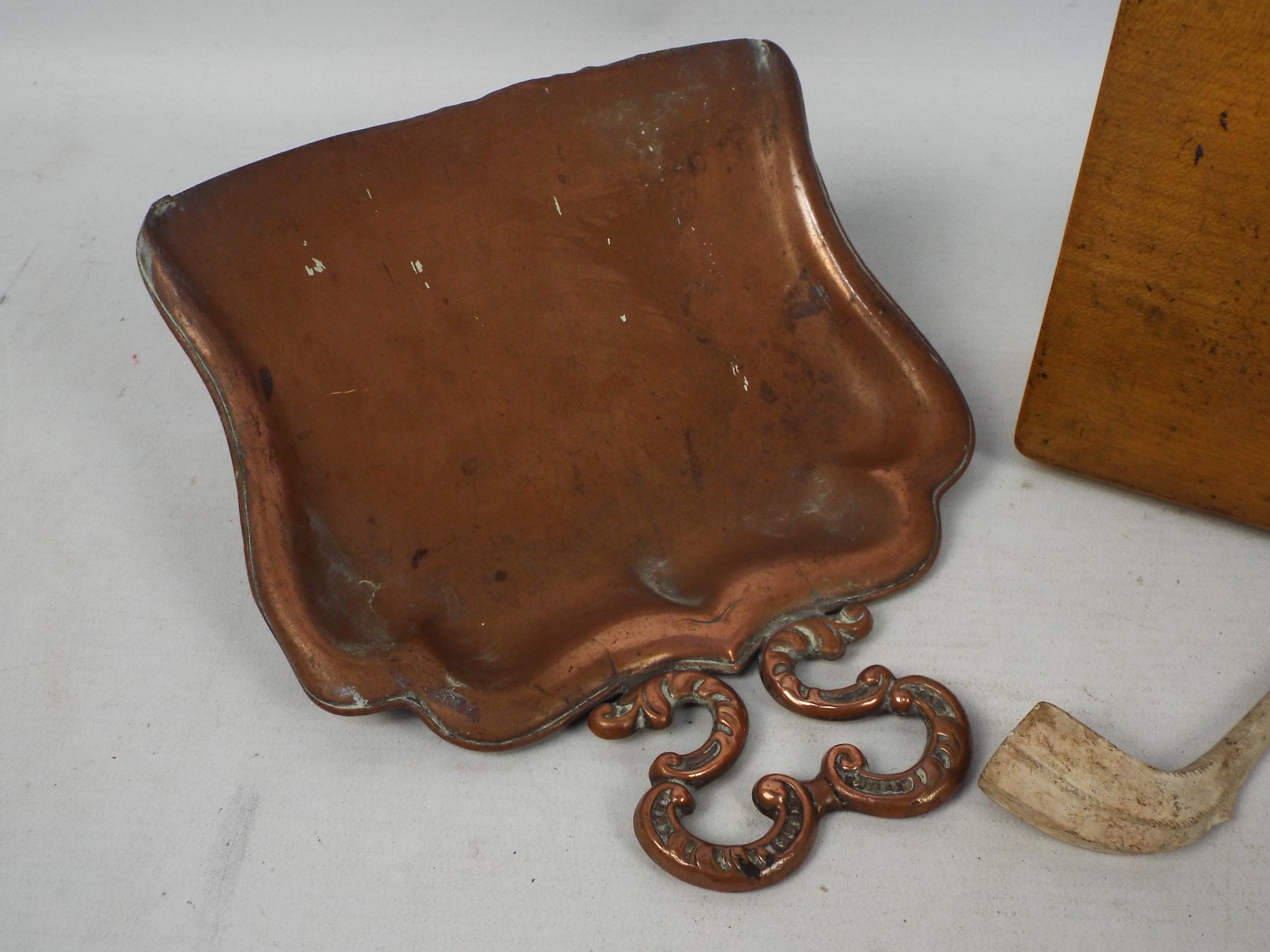A Mauchline ware box depicting views of Harrogate an Art Nouveau style copper crumb tray, - Image 2 of 5