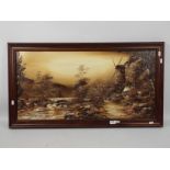 A framed oil on board landscape scene depicting a windmill by a path alongside a river,