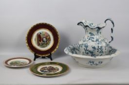 A Ridgways Gainsborough pattern wash bowl and jug together with three cabinet plates,