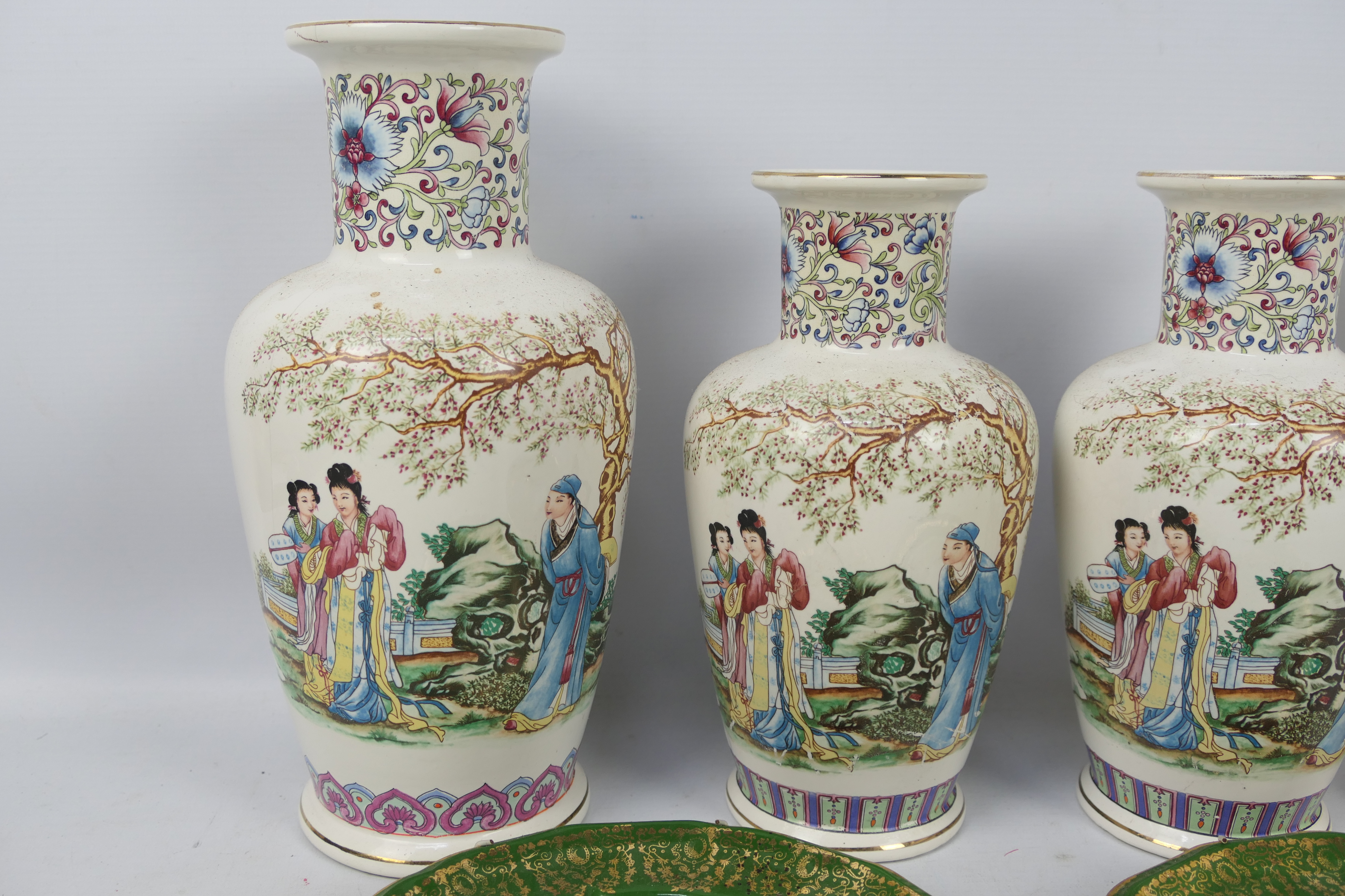 Three Chinese vases, largest approximately 30 cm (h), a Crown Ducal vase and other. - Image 2 of 9