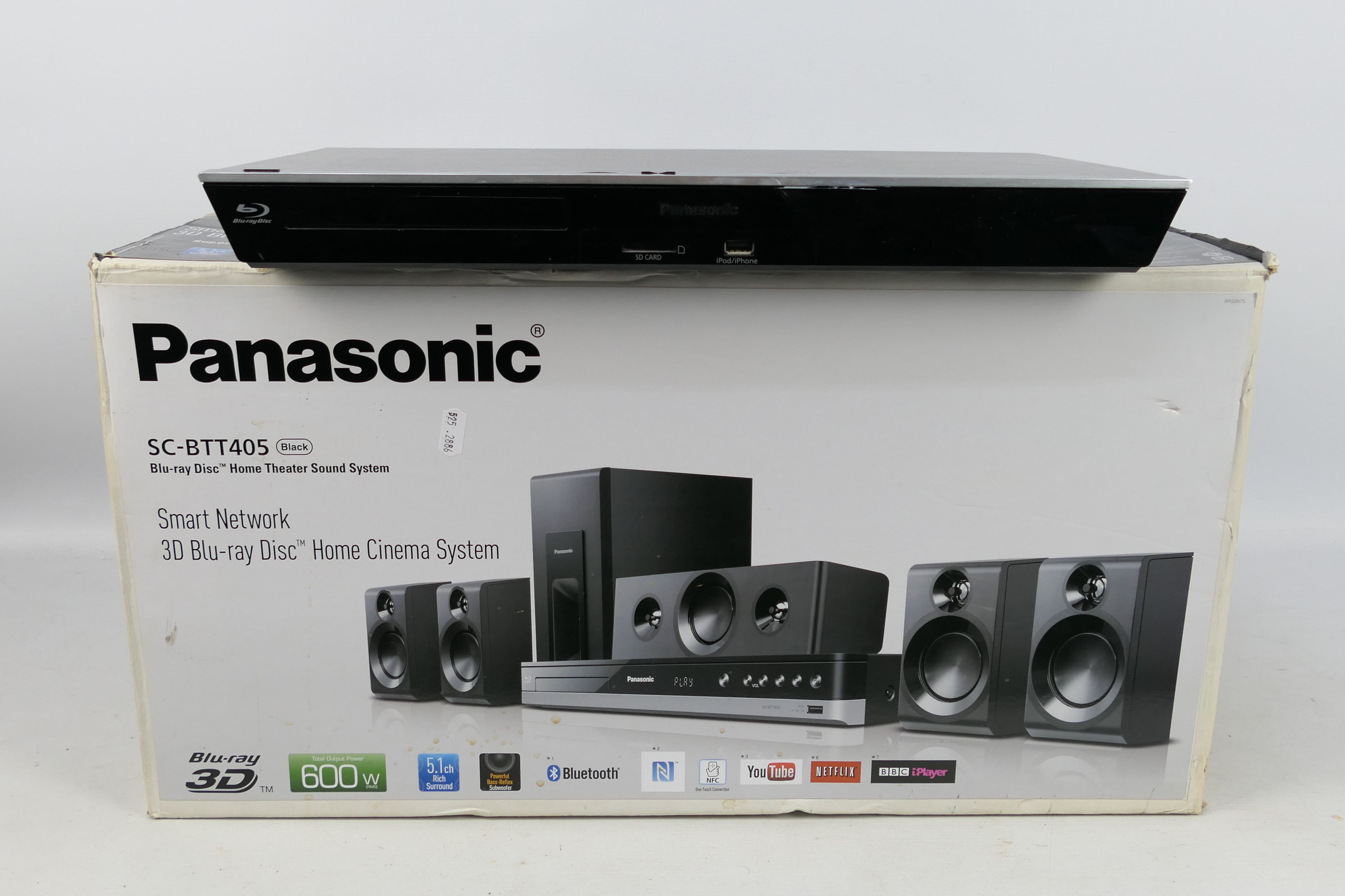 A boxed Panasonic Blu-ray Home Theatre Sound System, model SC - BTT405, unchecked for completeness.