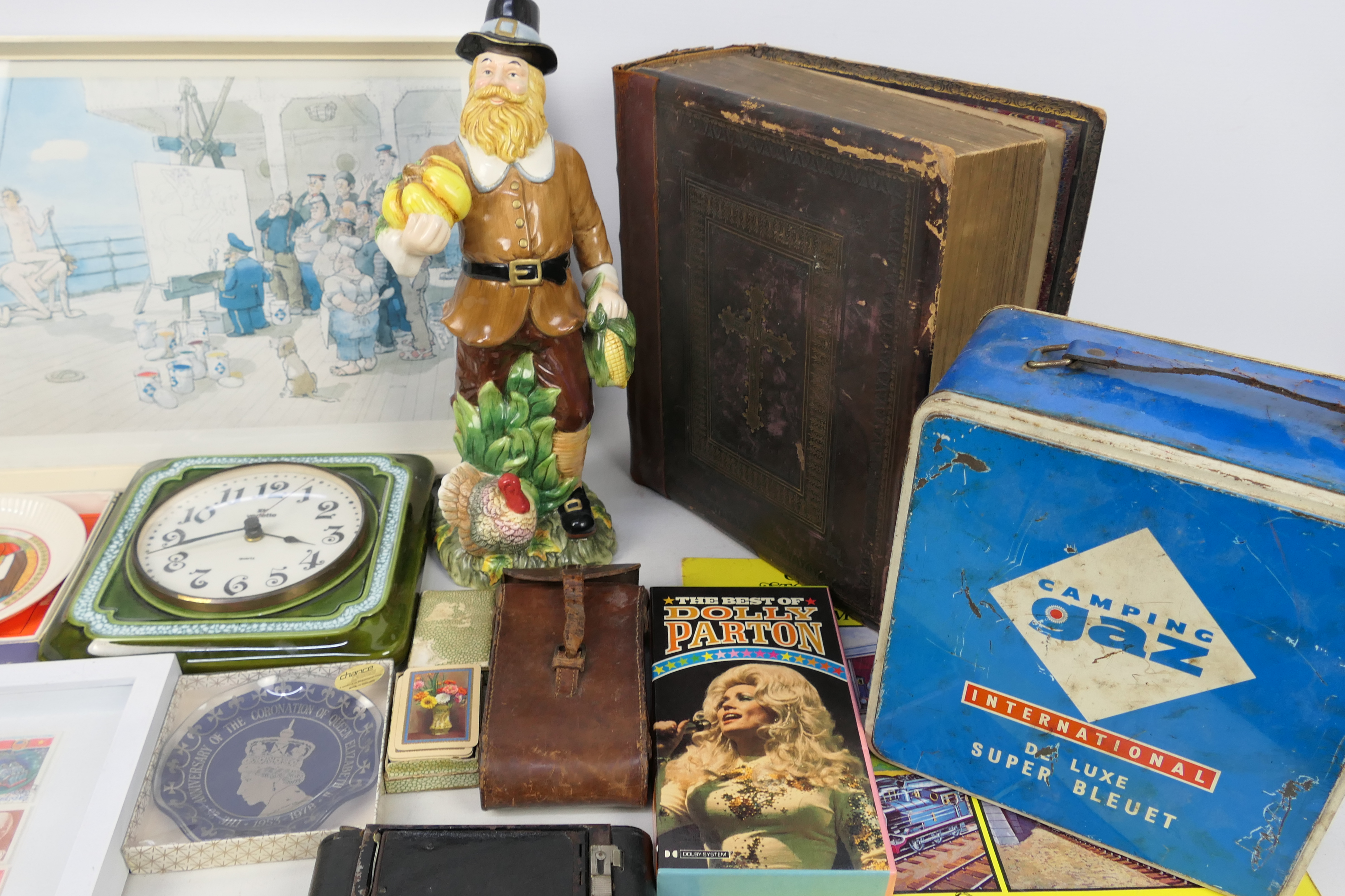 Lot to include a Victorian family bible, camera, ceramic wall clock, playing cards and similar. - Image 4 of 4