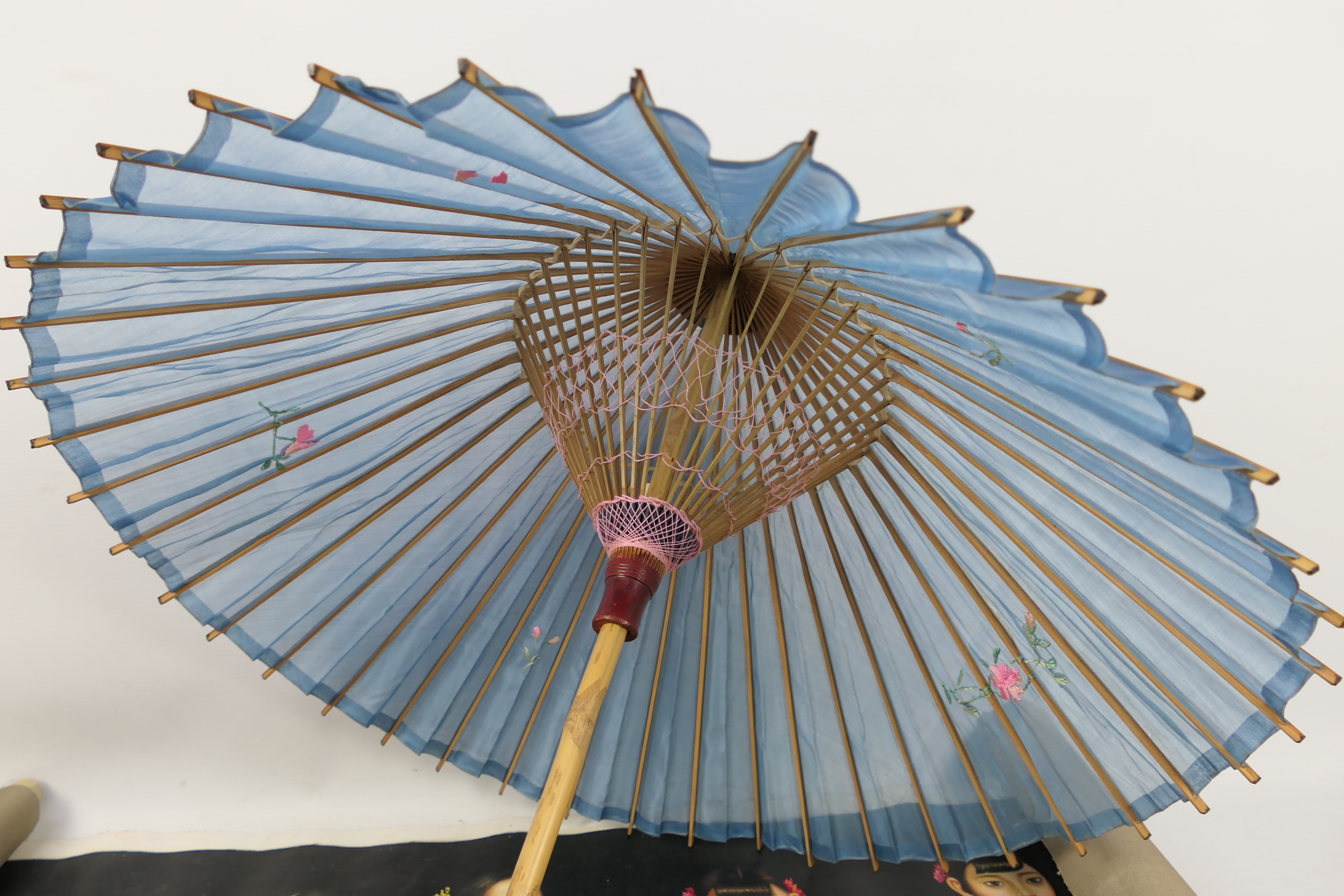 An Oriental silk parasol and an Oriental painting depicting musicians. - Image 2 of 7