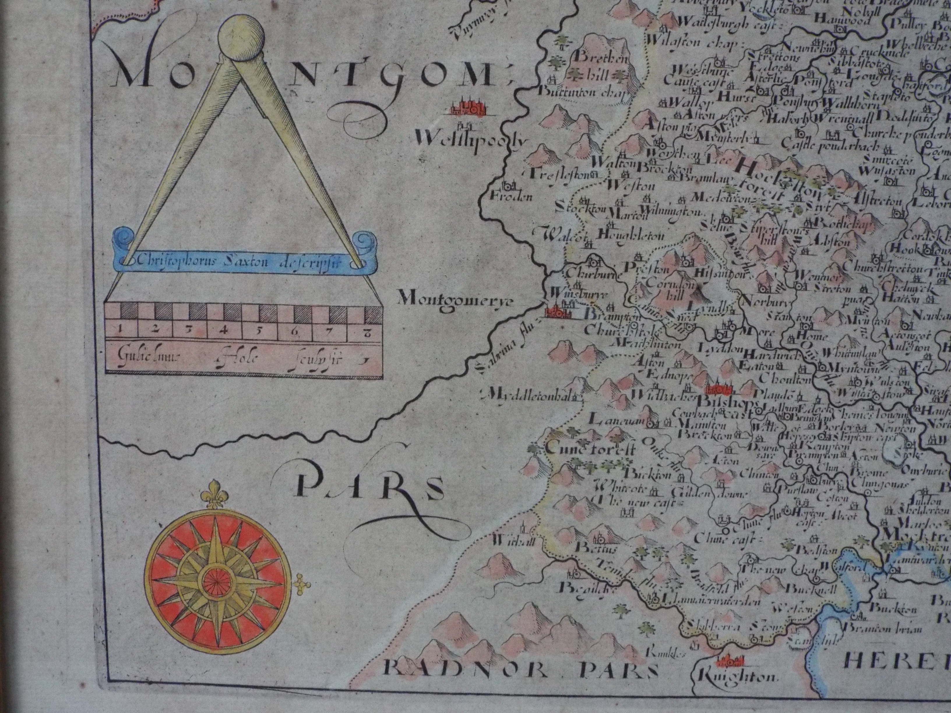 After Christopher Saxton - Engraved map of Shropshire (Salopiae), hand coloured, - Image 4 of 6