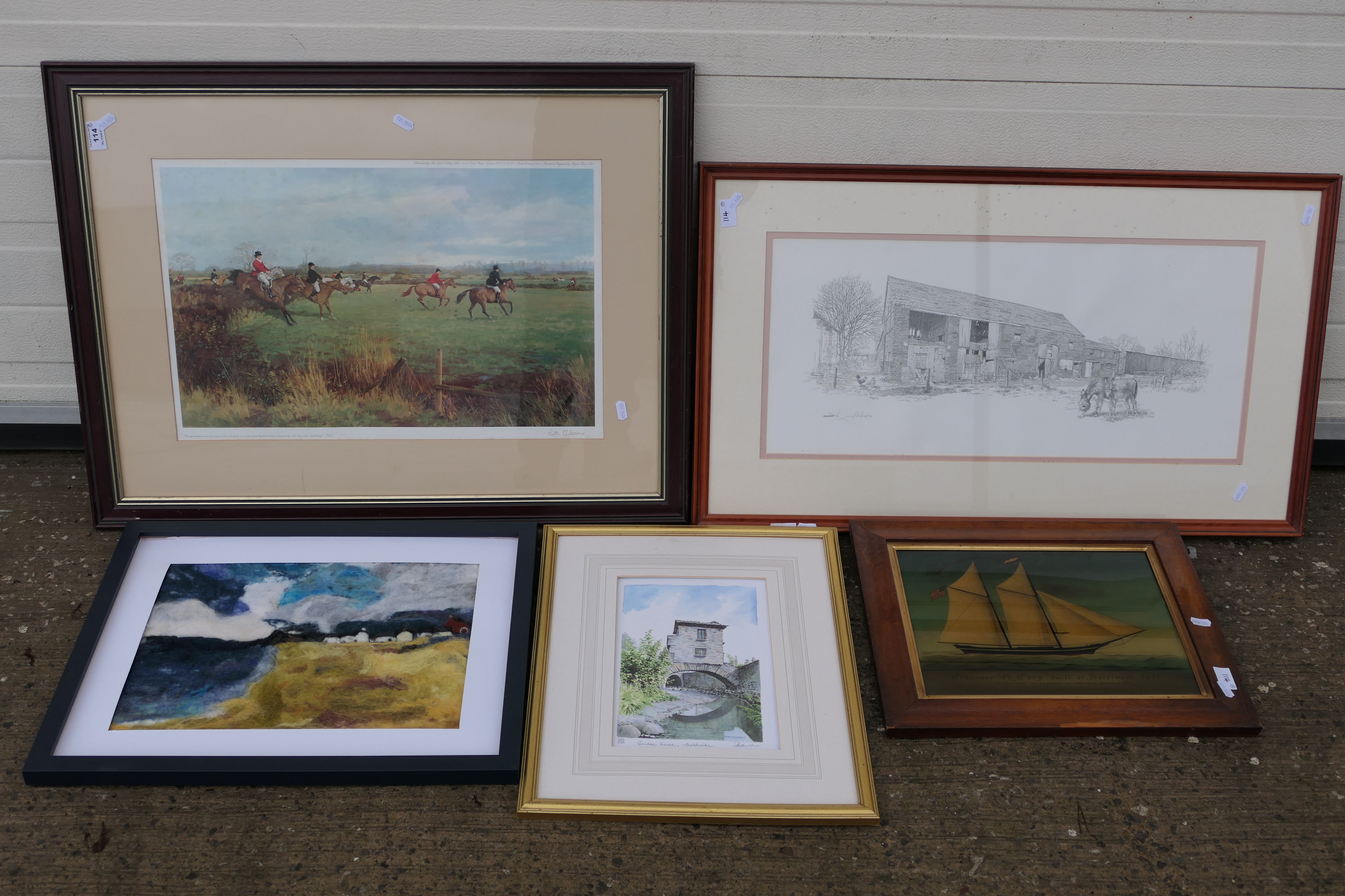 A collection of framed pictures to include a limited edition print depicting a hunting scene after