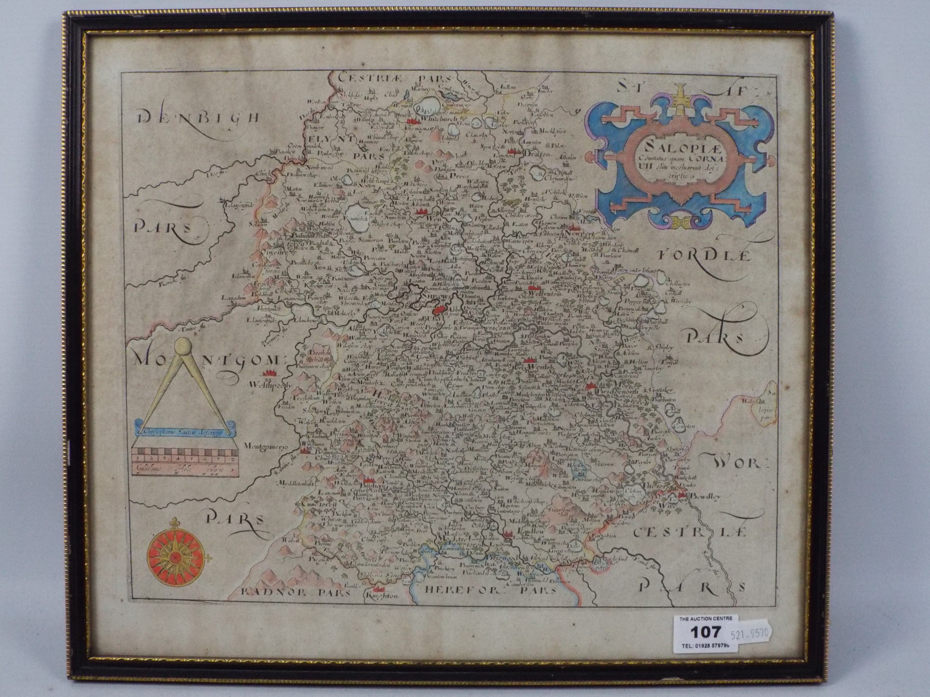 After Christopher Saxton - Engraved map of Shropshire (Salopiae), hand coloured,