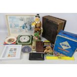 Lot to include a Victorian family bible, camera, ceramic wall clock, playing cards and similar.