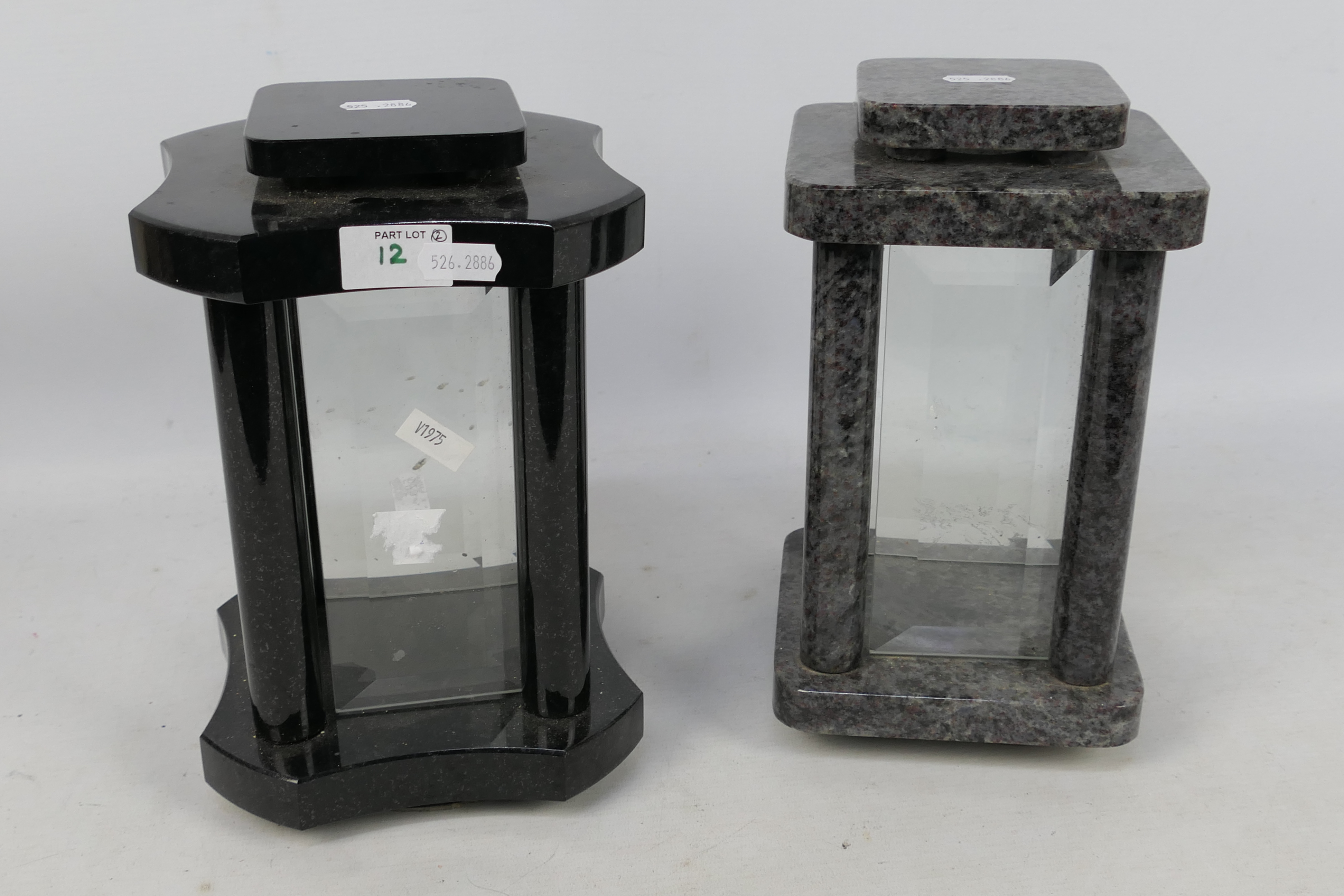 Two hardstone framed candle lanterns, each with four bevelled glass panes, approximately 25 cm (h). - Image 2 of 3