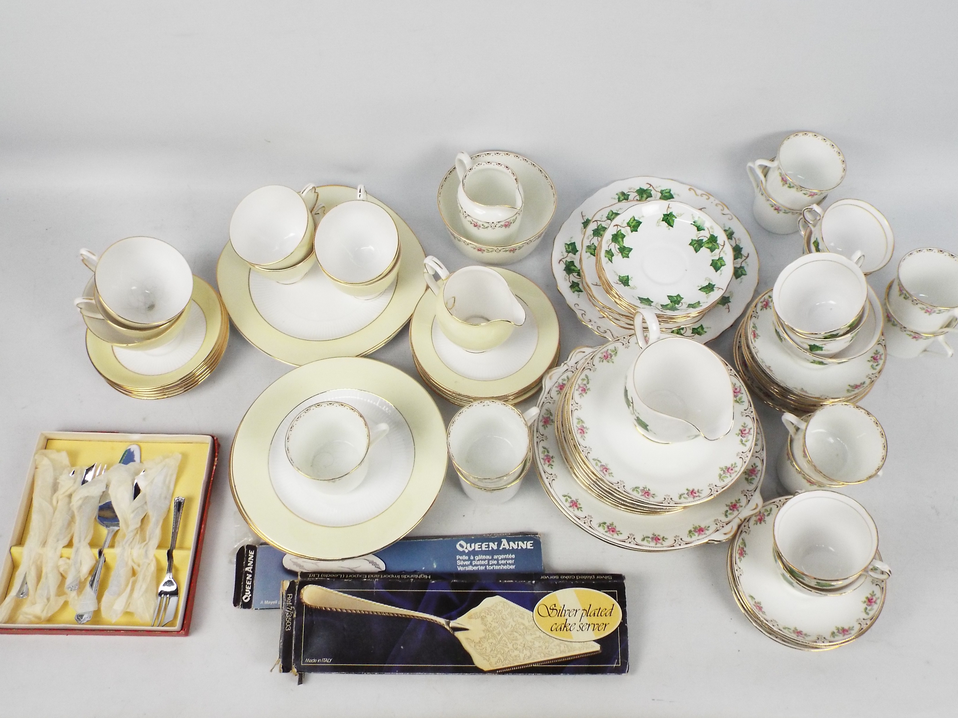 Three part tea services comprising Colclough to include Ivy pattern and Tuscan China and a small