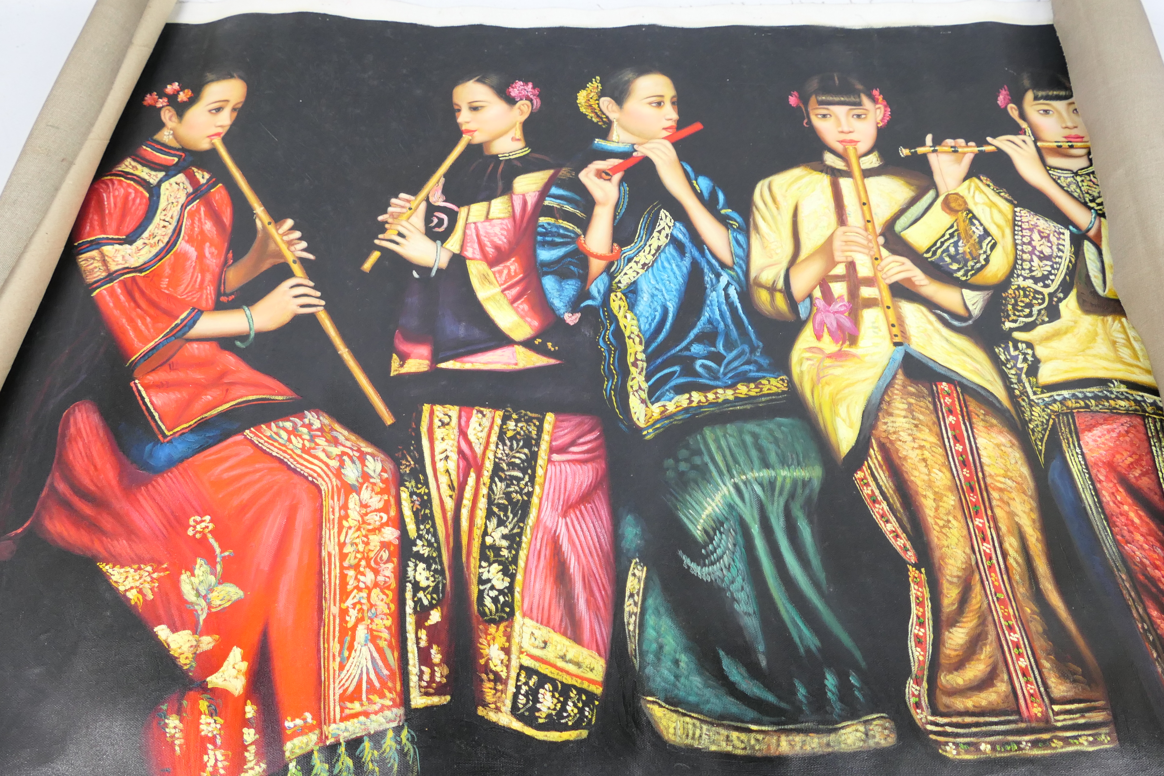 An Oriental silk parasol and an Oriental painting depicting musicians. - Image 7 of 7