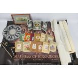 Lot to include a ceramic cased clock garniture, glass plaque / dish, vintage Boys Brigade cap,