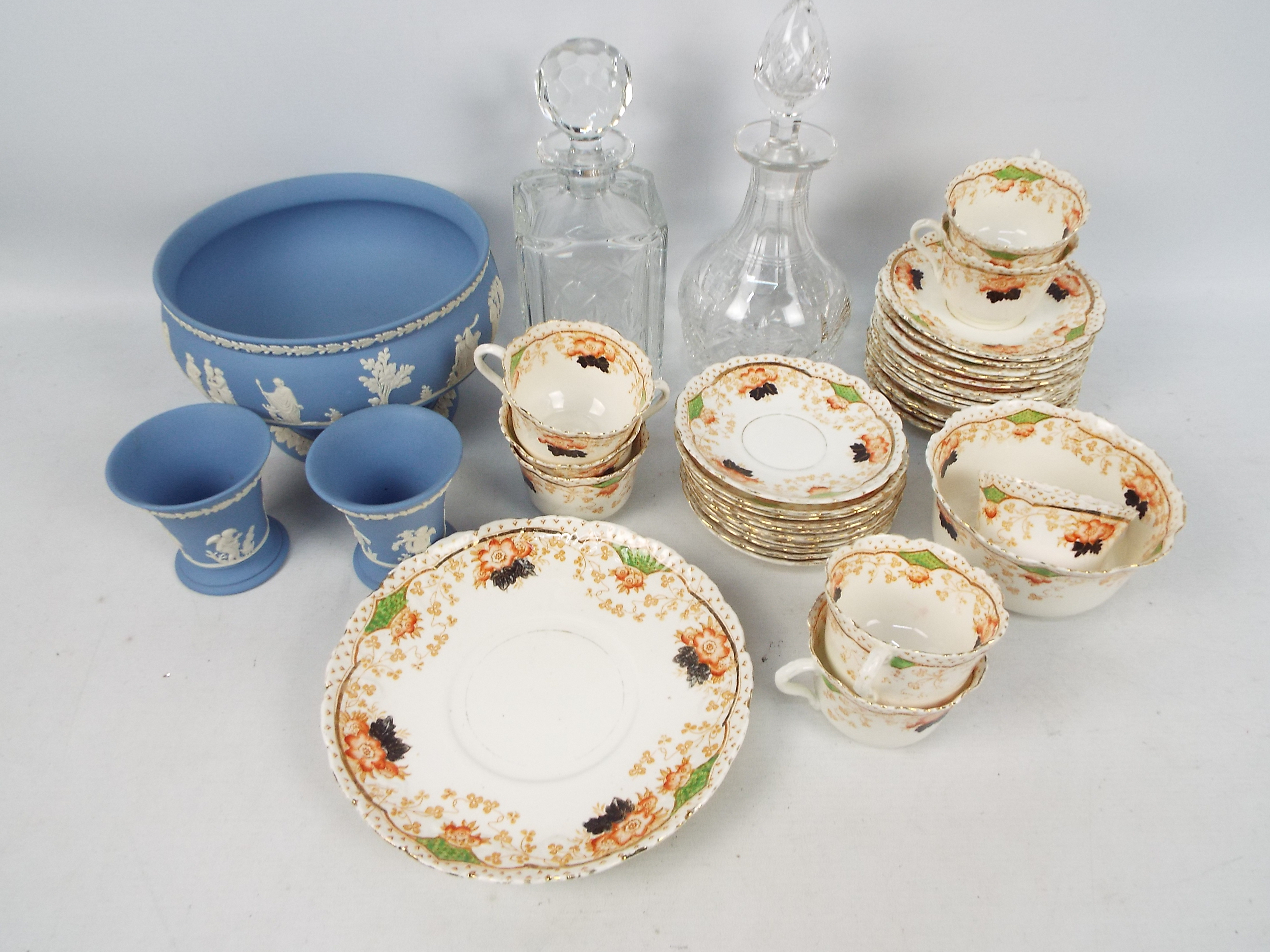 Lot to include a Wedgwood Jasperware pedestal fruit bowl and pair of vases,