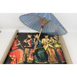 An Oriental silk parasol and an Oriental painting depicting musicians.