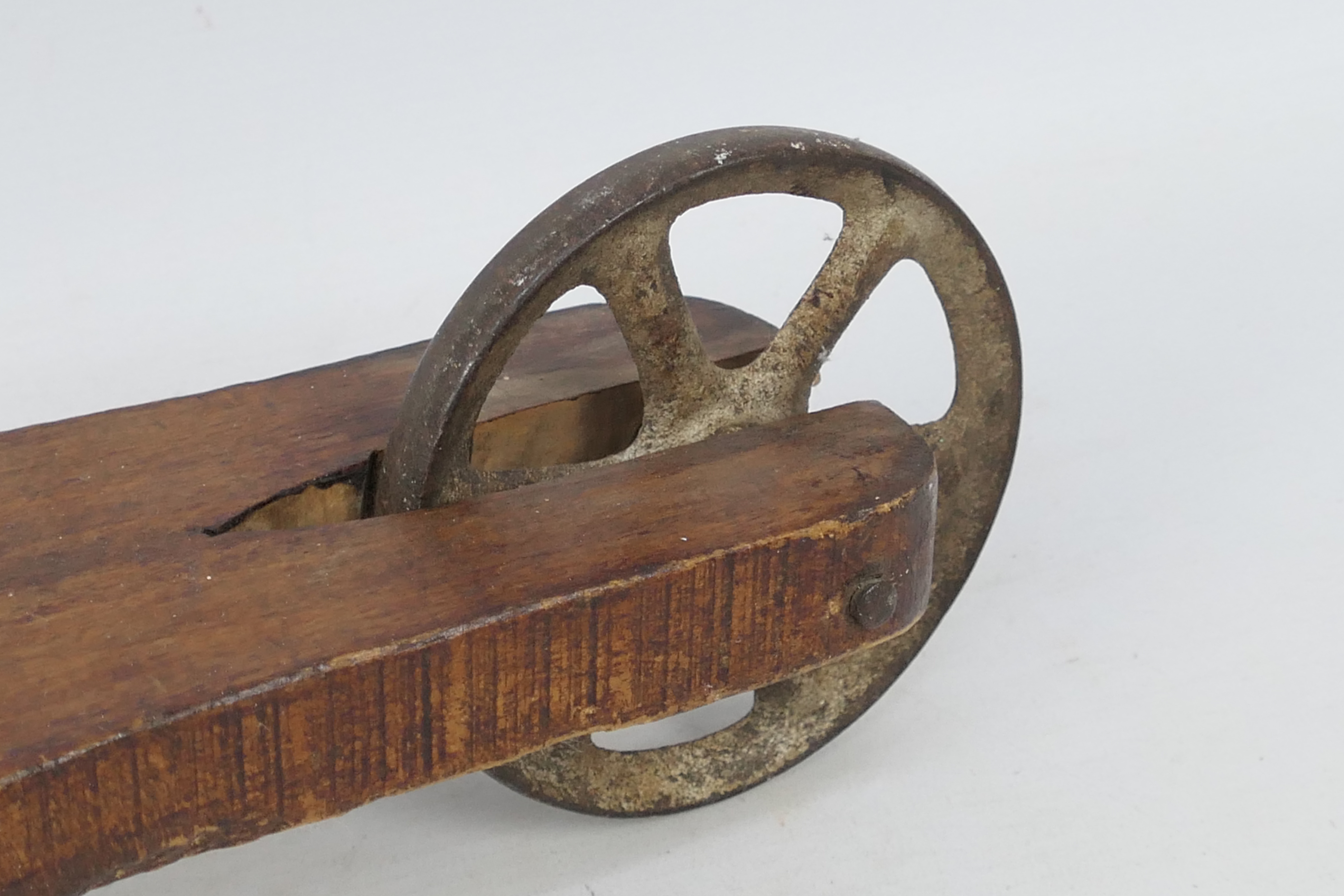 A vintage hand constructed wooden child's scooter with metal wheels, approximately 80 cm x 70 cm. - Image 4 of 5