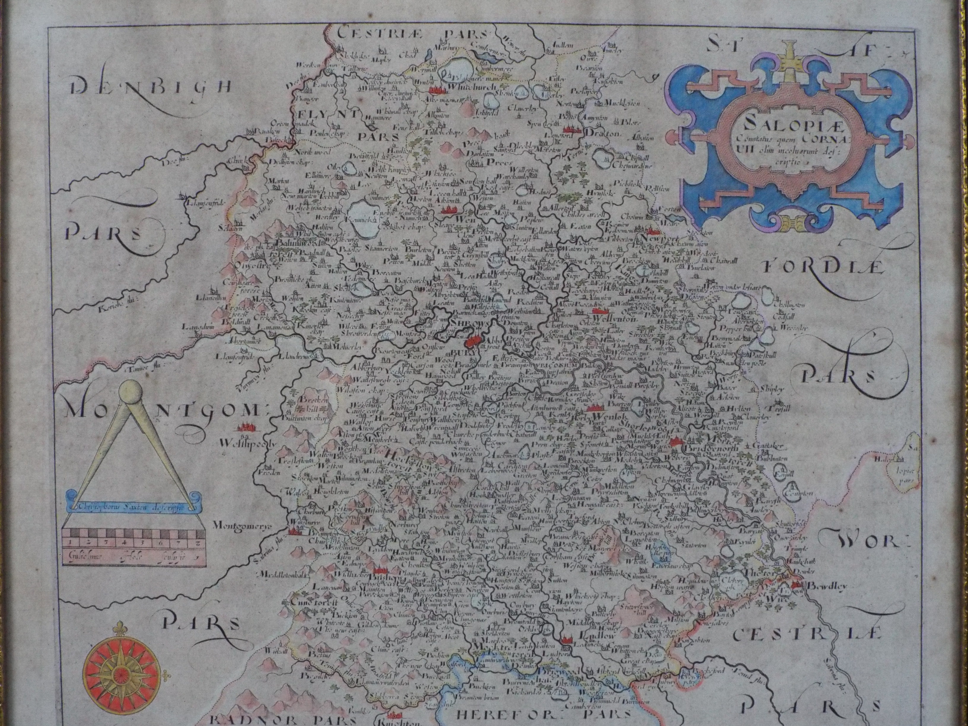 After Christopher Saxton - Engraved map of Shropshire (Salopiae), hand coloured, - Image 2 of 6