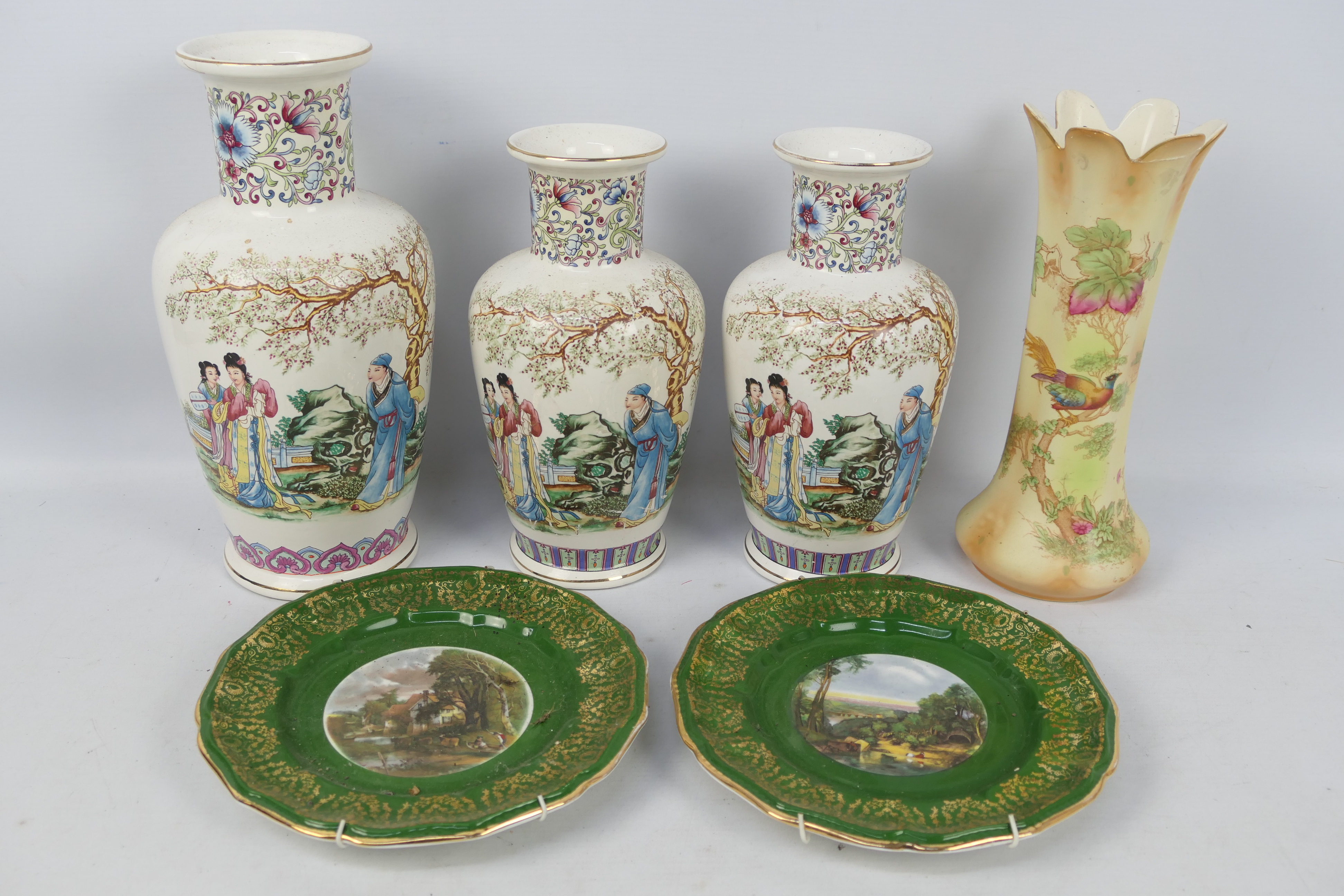 Three Chinese vases, largest approximately 30 cm (h), a Crown Ducal vase and other.